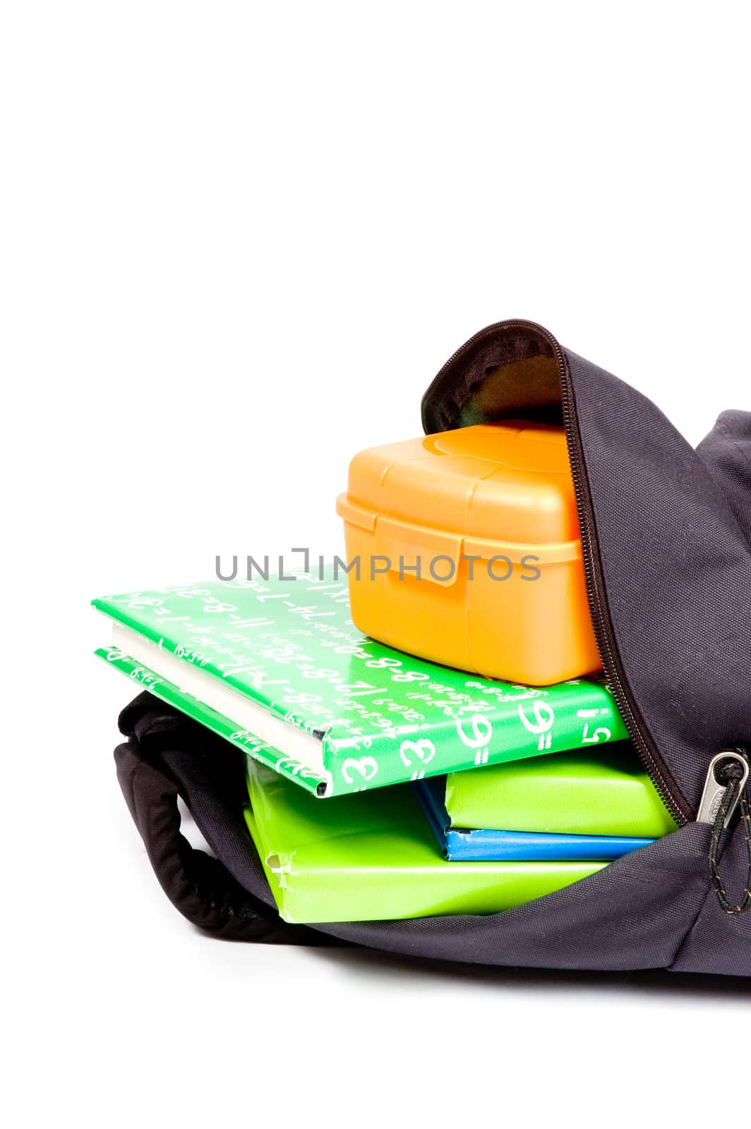 open schoolbag with books and lunchbox on white