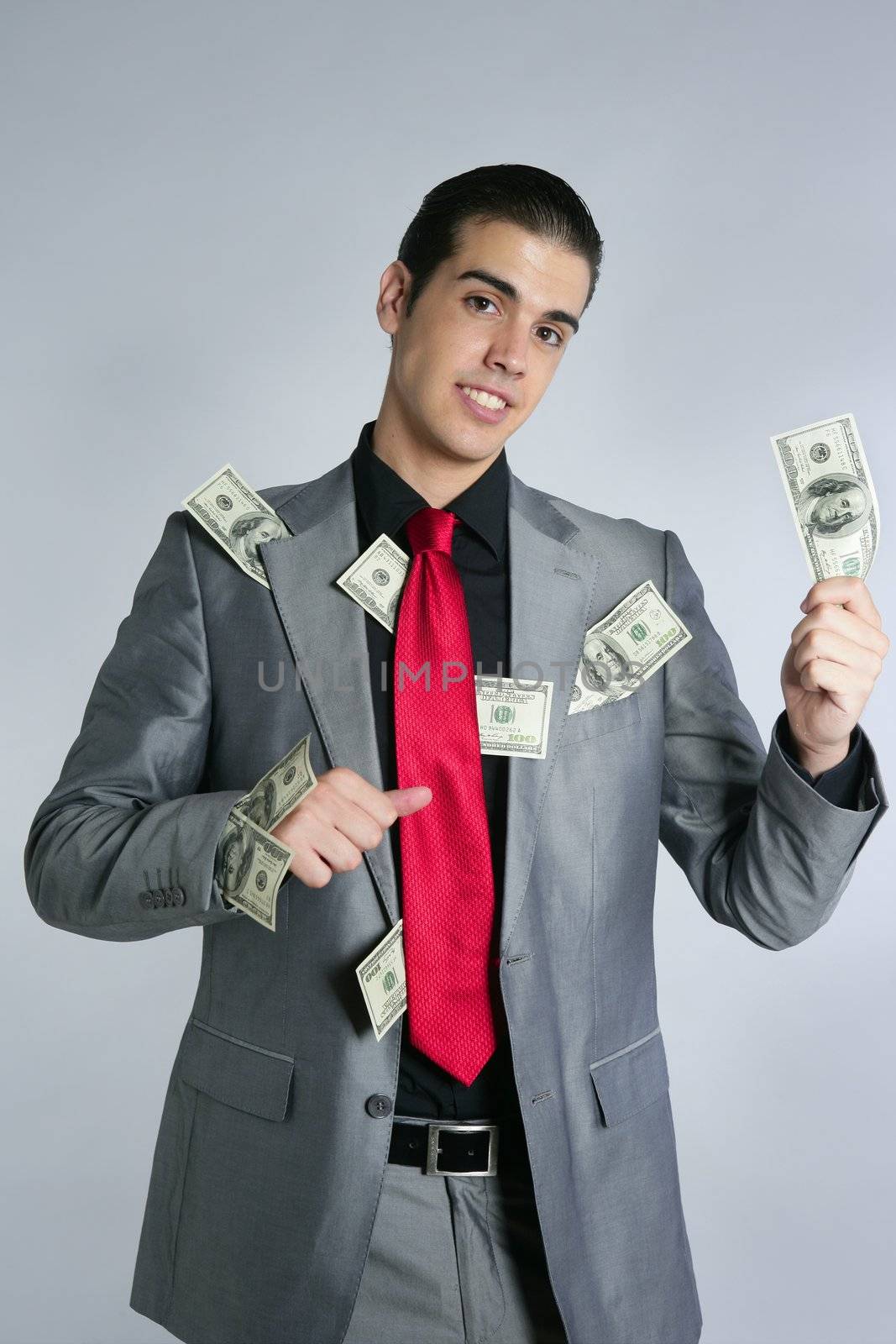 Businessman with dollar notes suit and tie by lunamarina