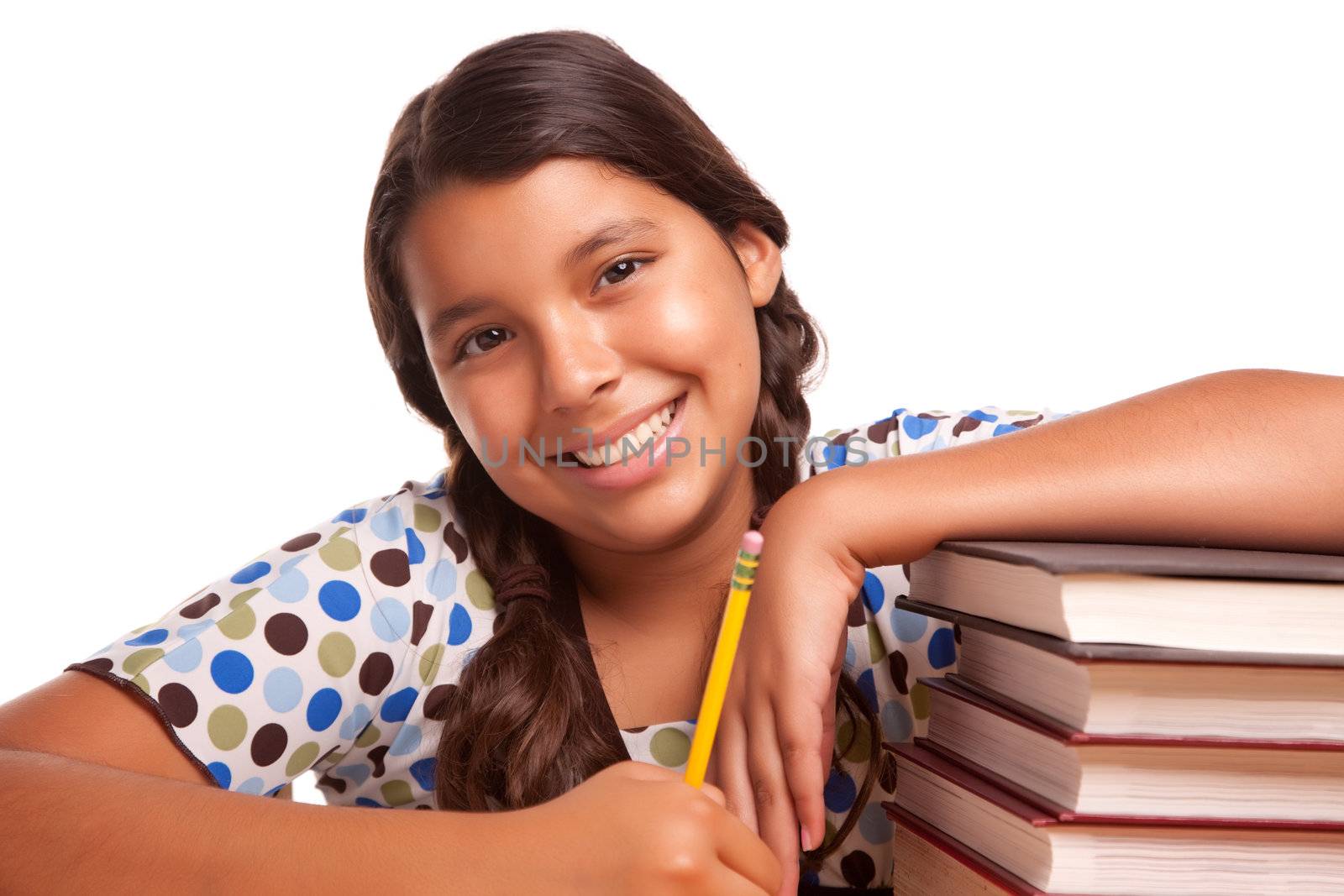 Pretty Smiling Hispanic Girl Studying Isolated on a White Background.