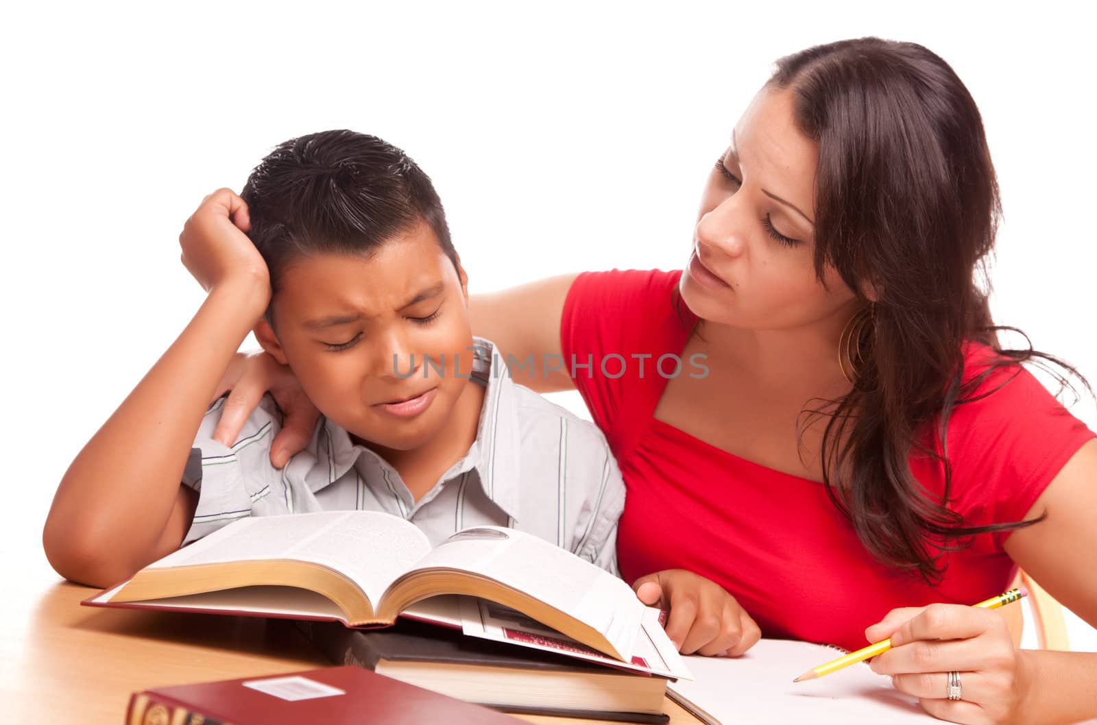 Attractive Hispanic Mother and Son Studying by Feverpitched