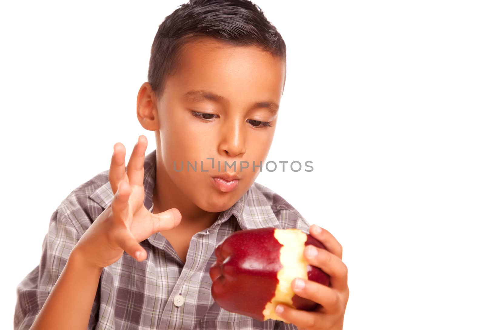 Adorable Hispanic Boy Eating a Large Red Apple by Feverpitched