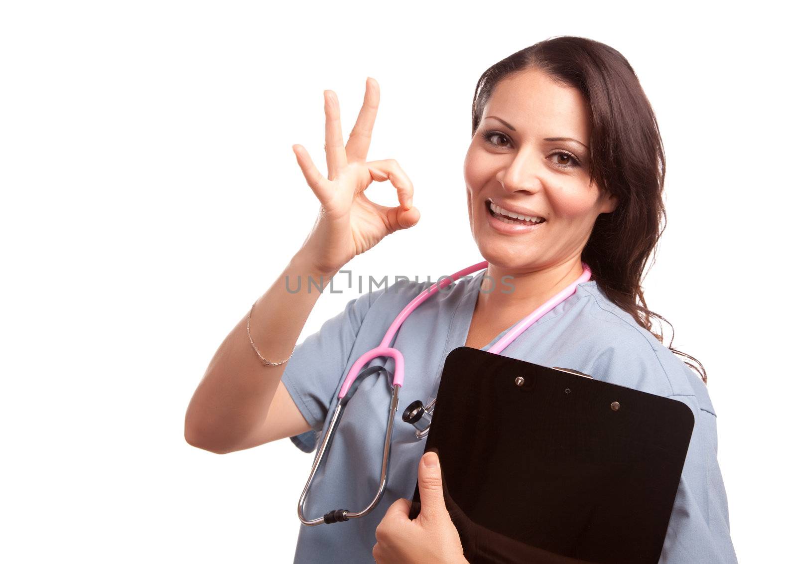 Attractive Hispanic Doctor or Nurse with Clipboard Isolated on a White Background.