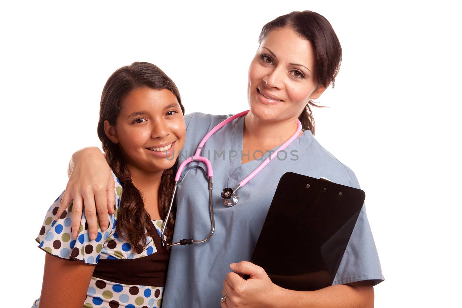 Pretty Hispanic Girl and Female Doctor Isolated by Feverpitched