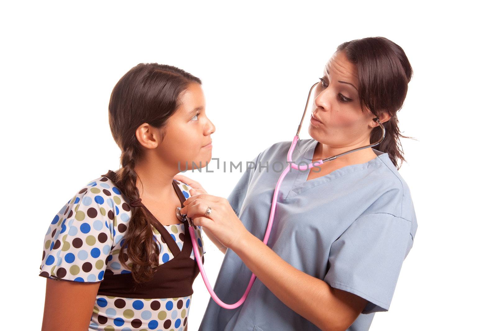 Pretty Hispanic Girl and Female Doctor Isolated on a White Background.