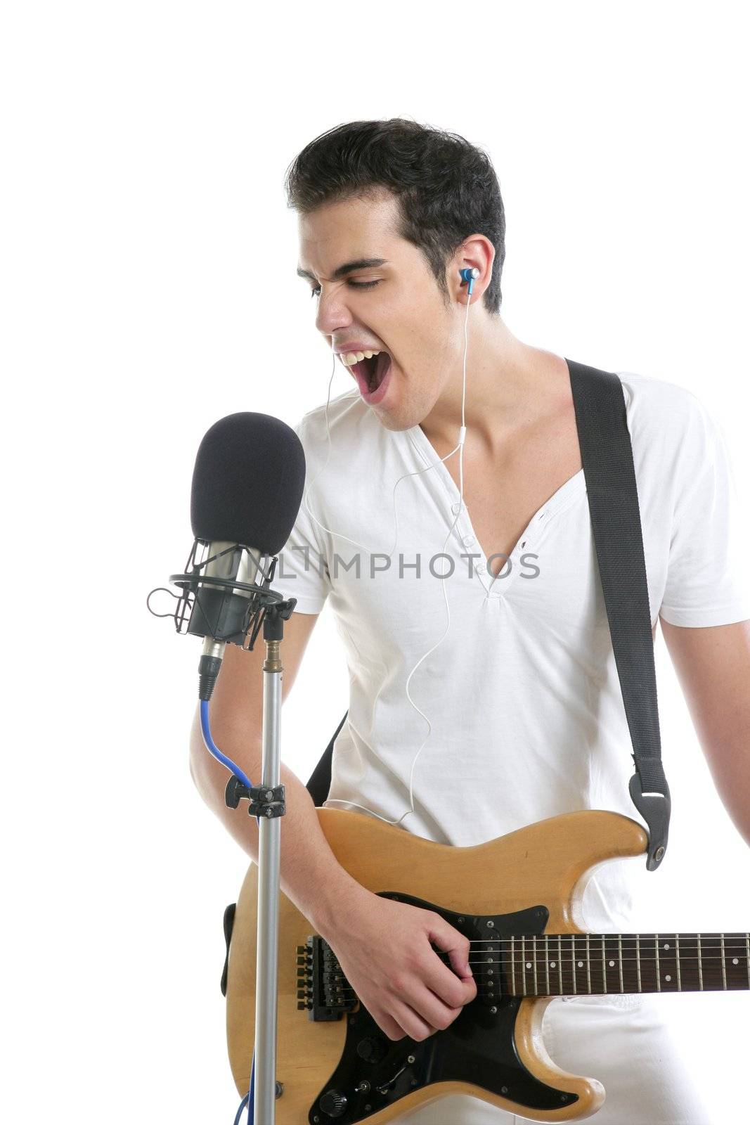 Musician young man playing electric guitar isolated on white
