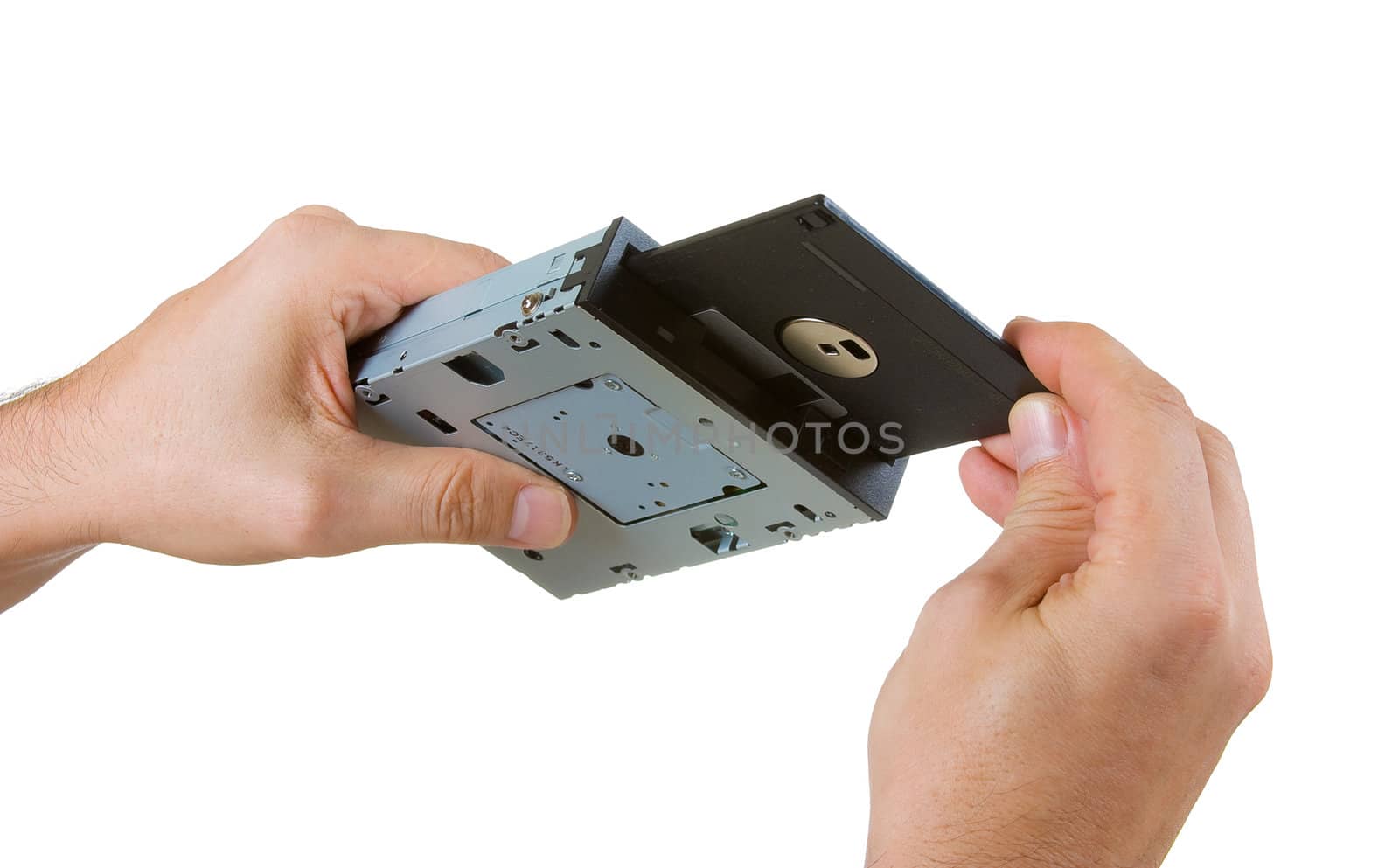 floppy disk drive in hand isolated on white background 
