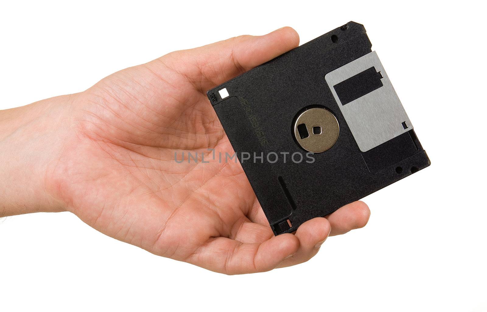 ifloppy disk in hand isolated solated on white background 