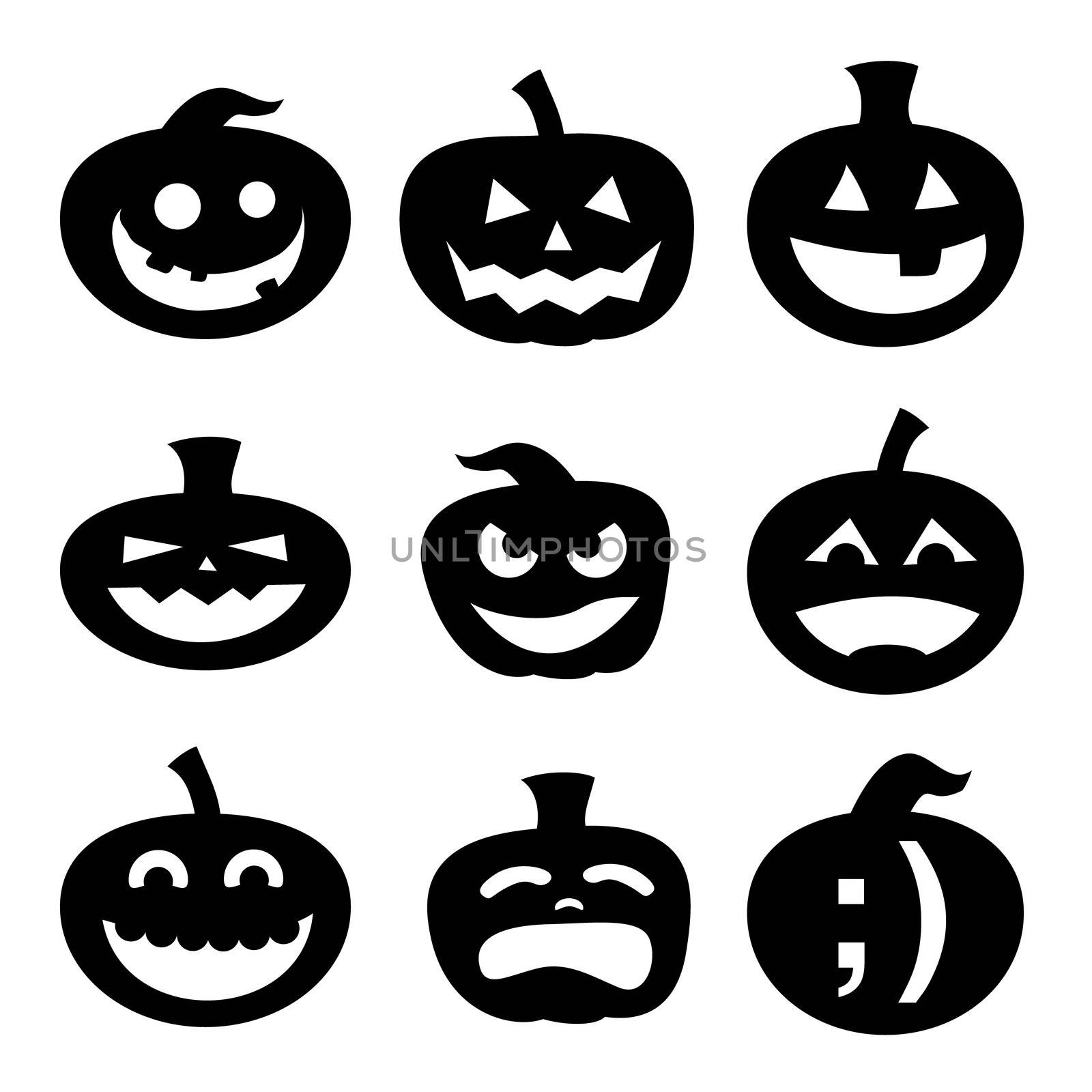 Halloween decoration Jack-o-Lantern silhouette set. Carved pumpkin designs with different facial expressions, from silly to happy to scary.