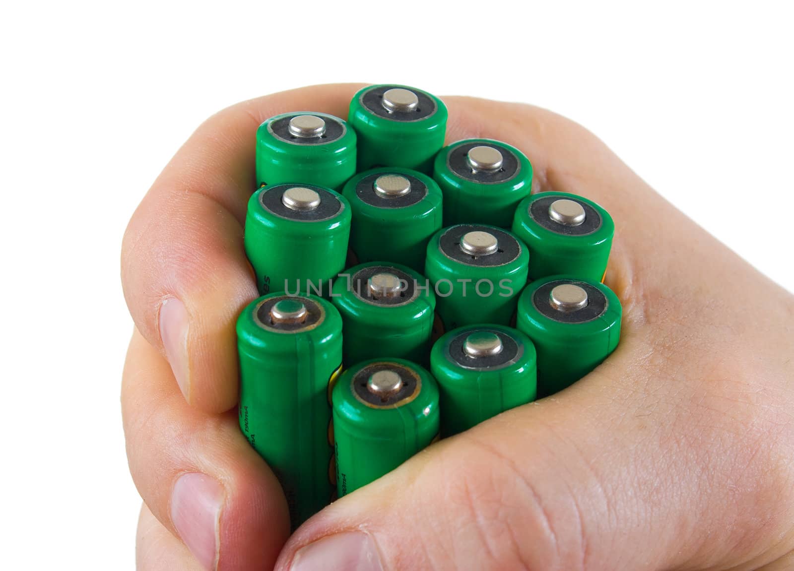 The batteries in hand isolated on white background