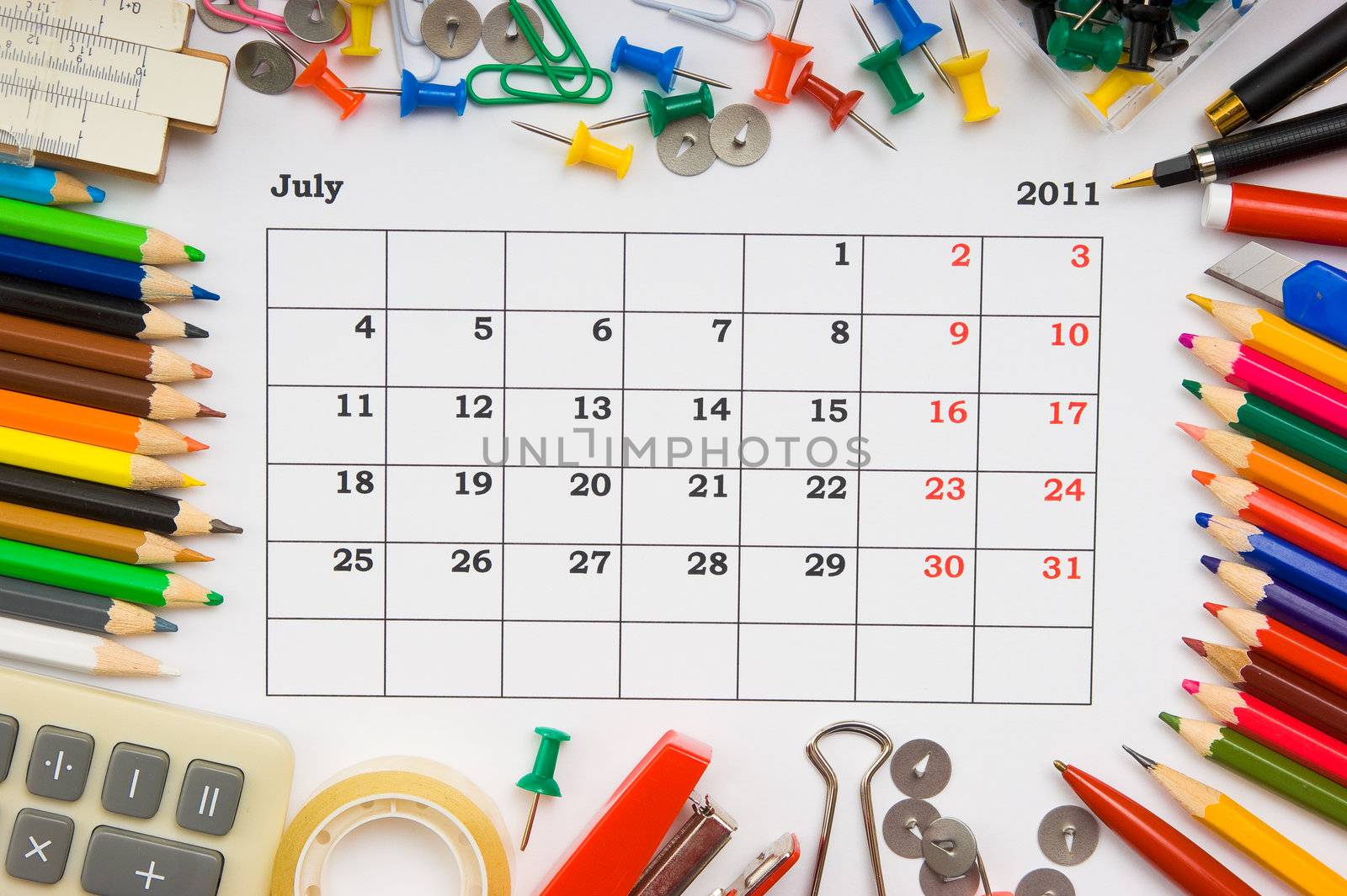 monthly calendar with the office, school and office supplies for 2011