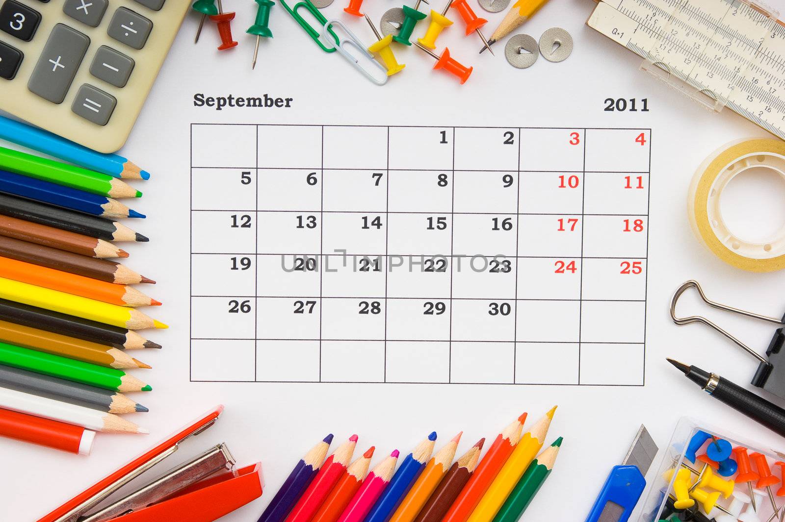 monthly calendar with the office, school and office supplies for 2011