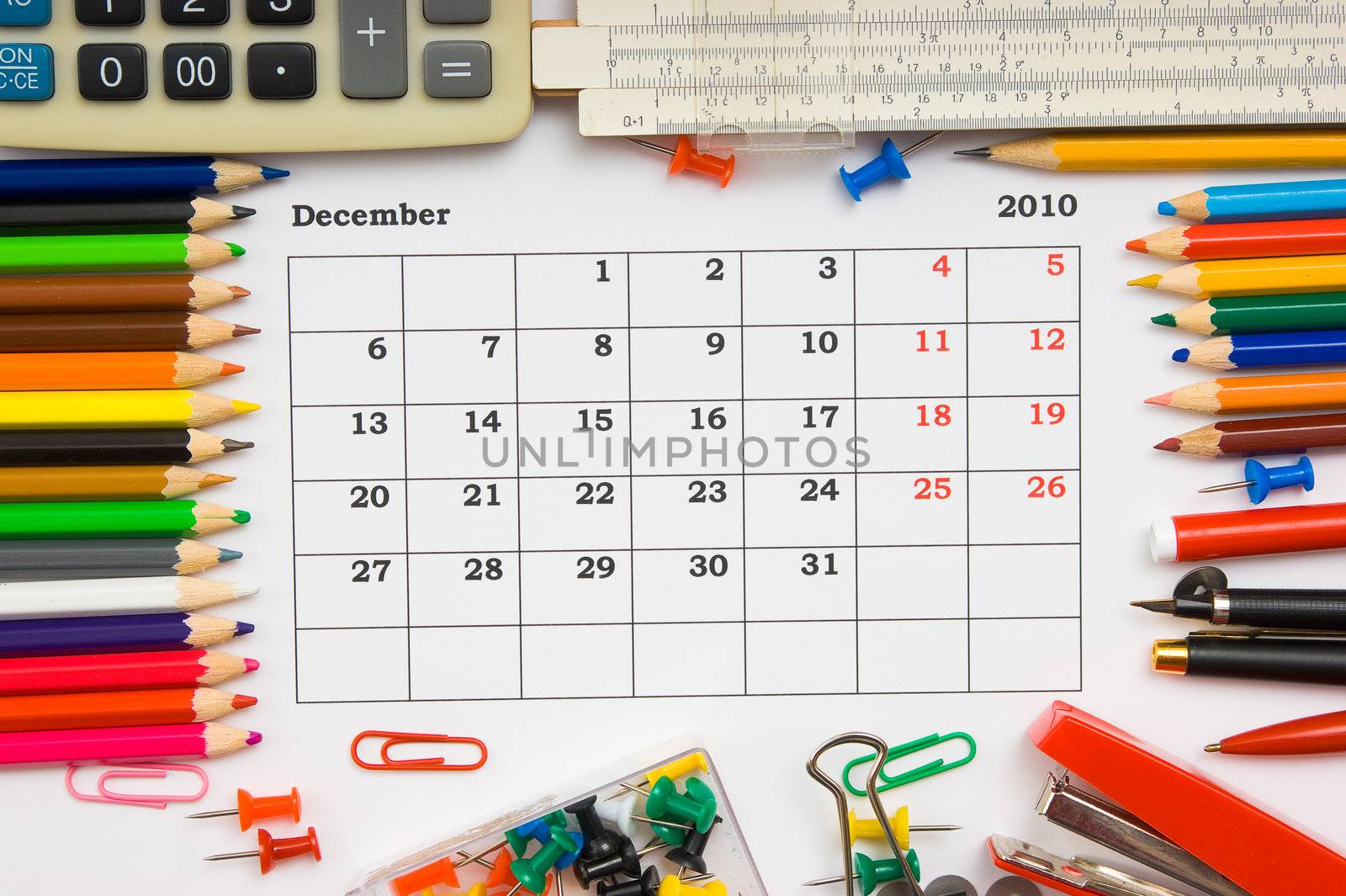 monthly calendar with office and stationery for December 2010 by oleg_zhukov