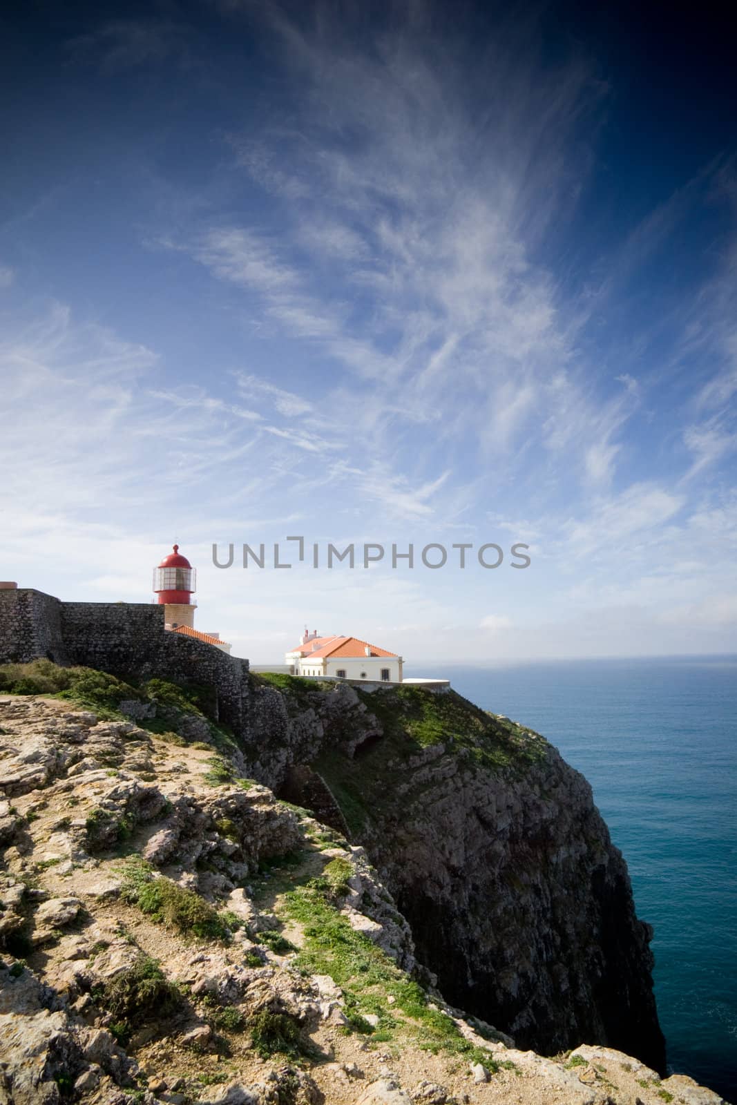 The lighthouse at Cape Saint Vincent, near Sagres, Portugal, historically known as the 'end of the world'
