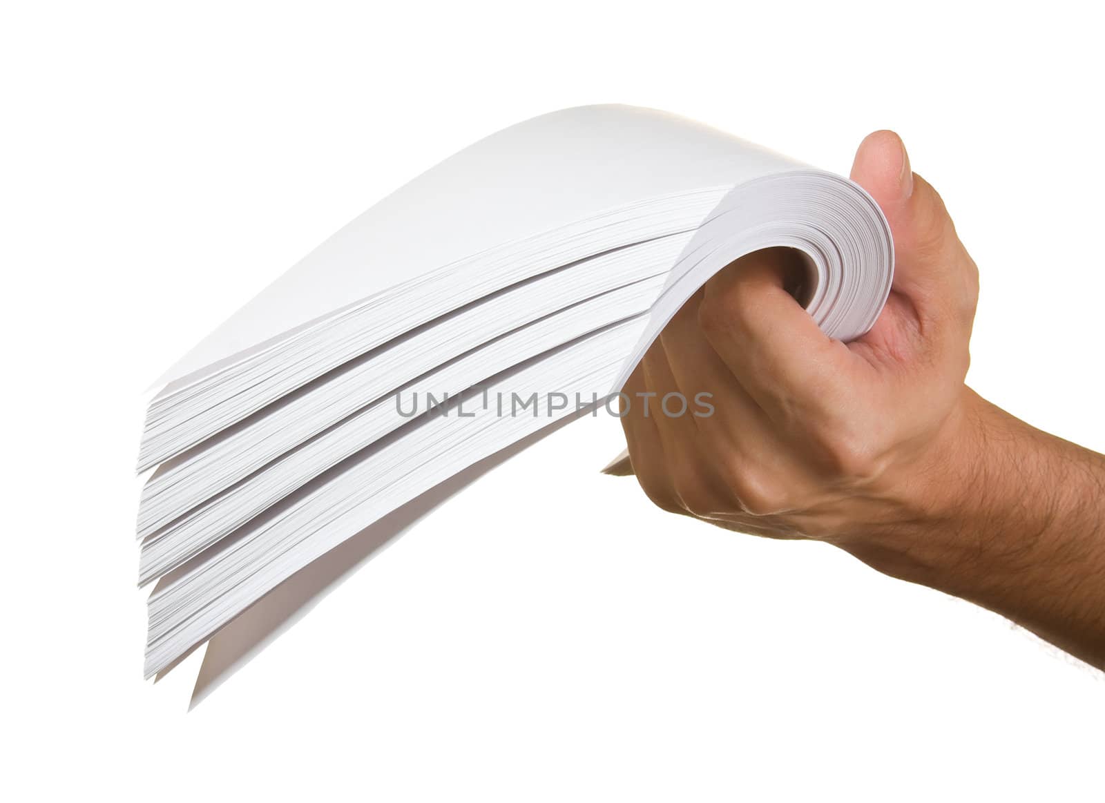 a stack of paper in hand isolated on white background