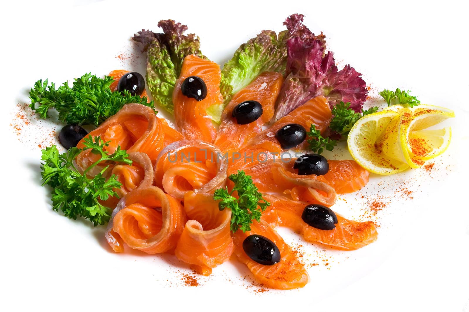 salted salmon sliced on a plate by oleg_zhukov