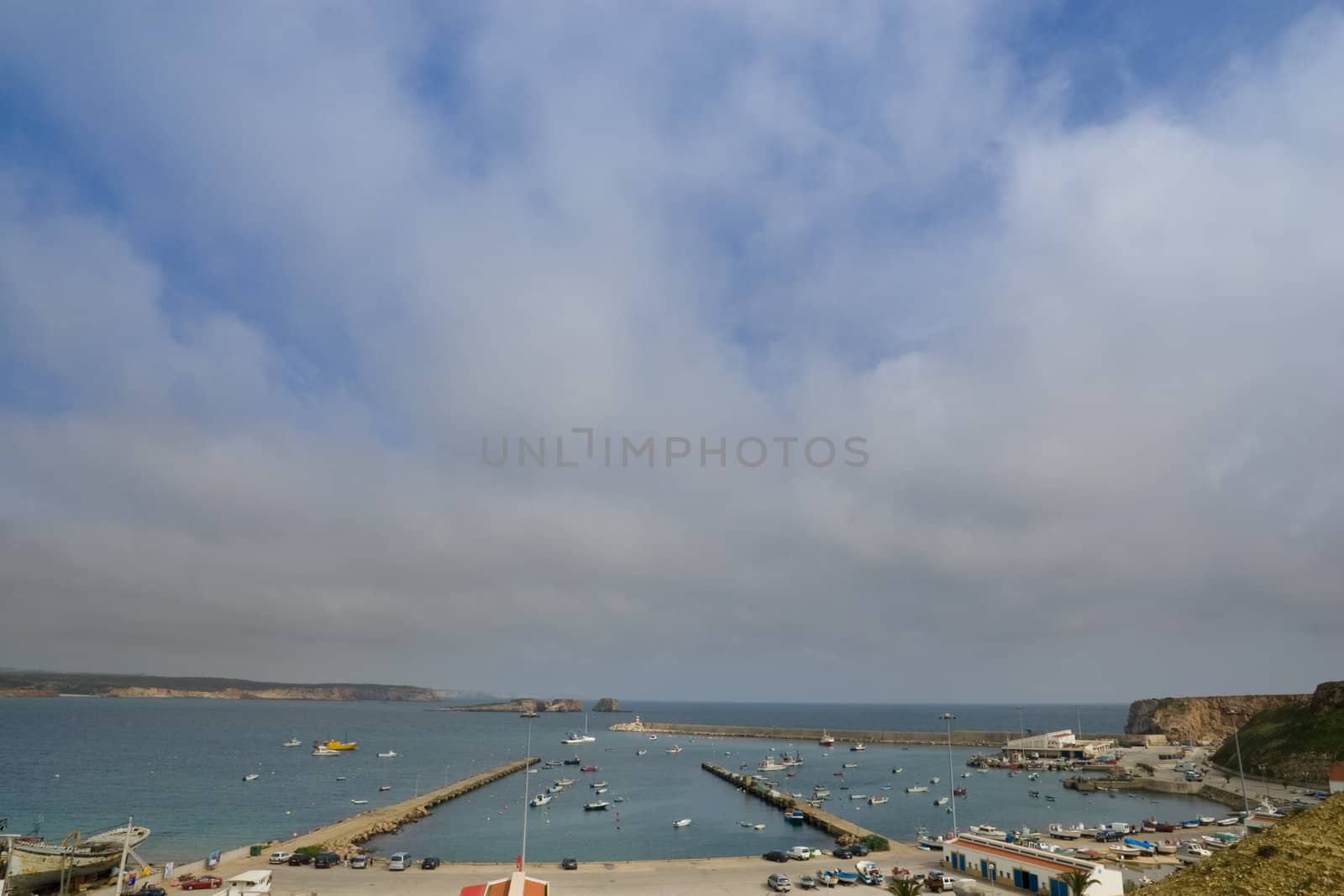 A wideangle view of the marina at Sagres, in the Algarve, Portugal.