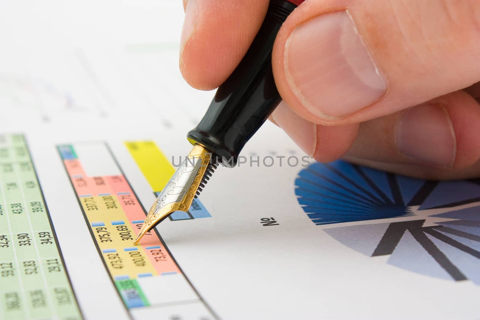 Graphs tables and documents laid on the table