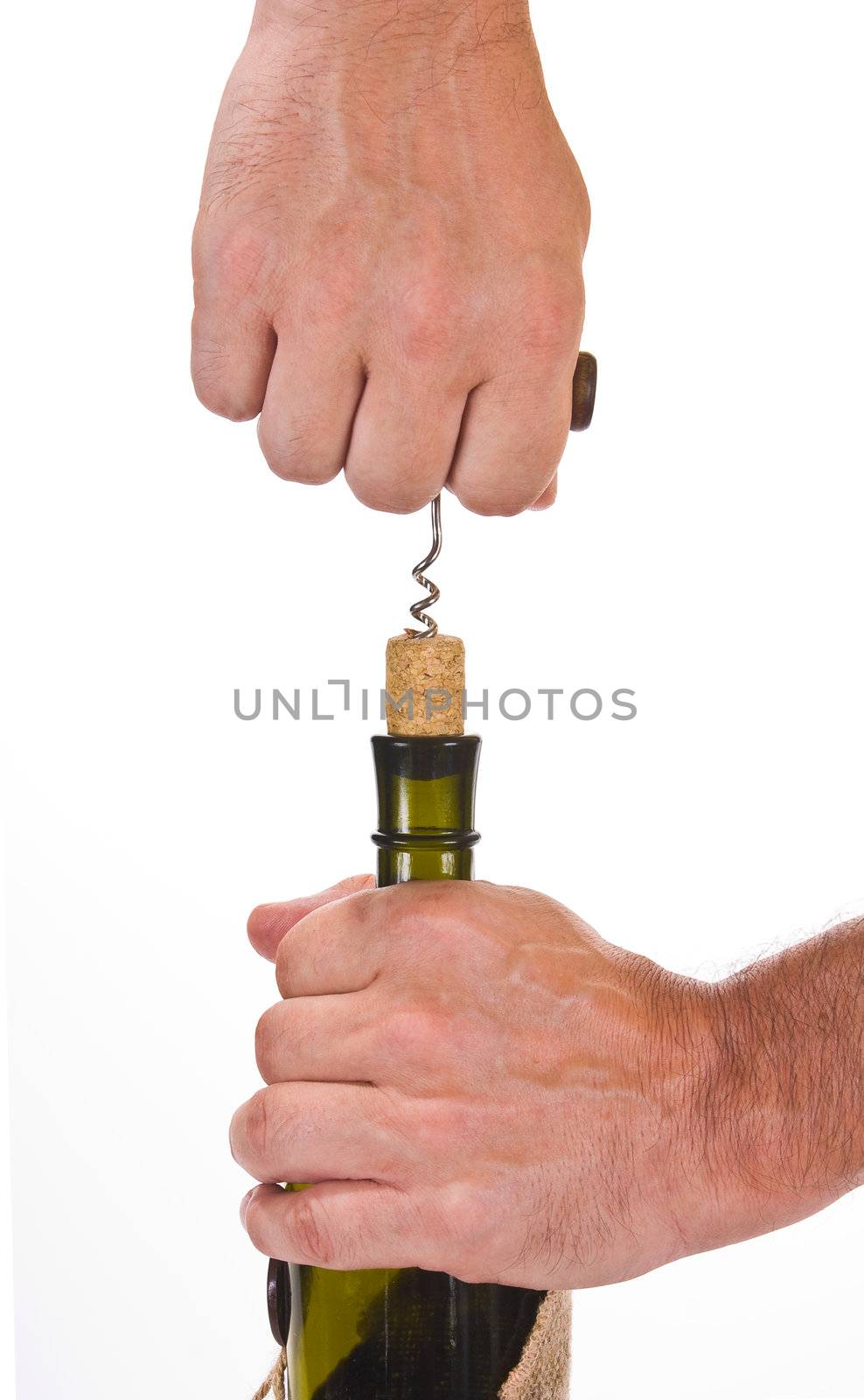 pulling corkscrew cork from the bottle isolated on white background