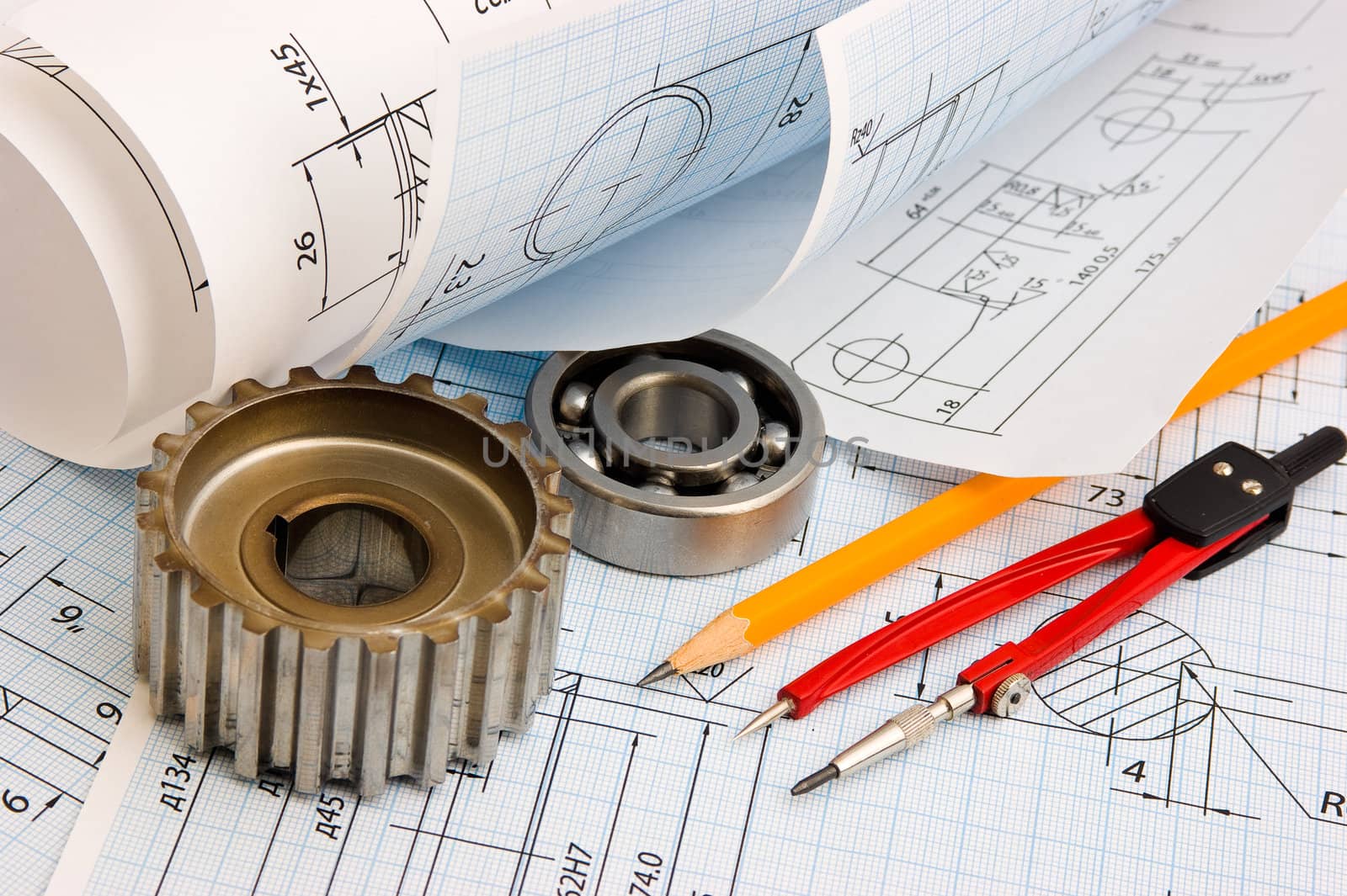 tools and mechanisms detail on the background of technical drawings