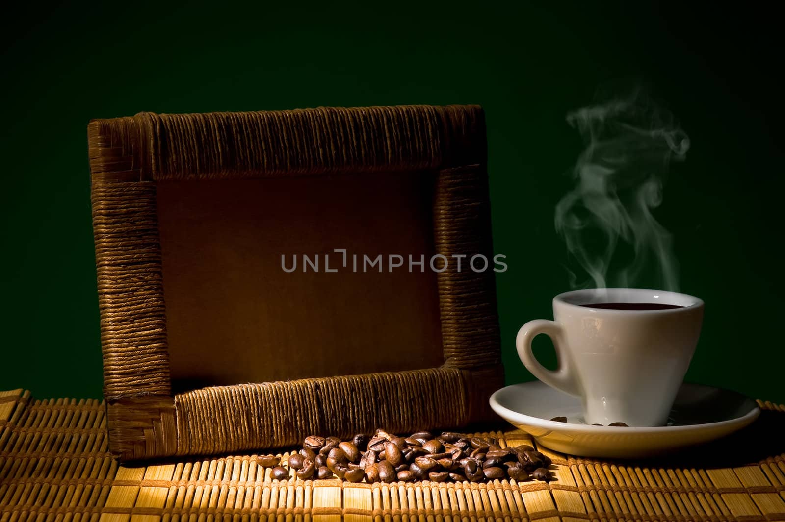 frame for photo with cup and coffee beans