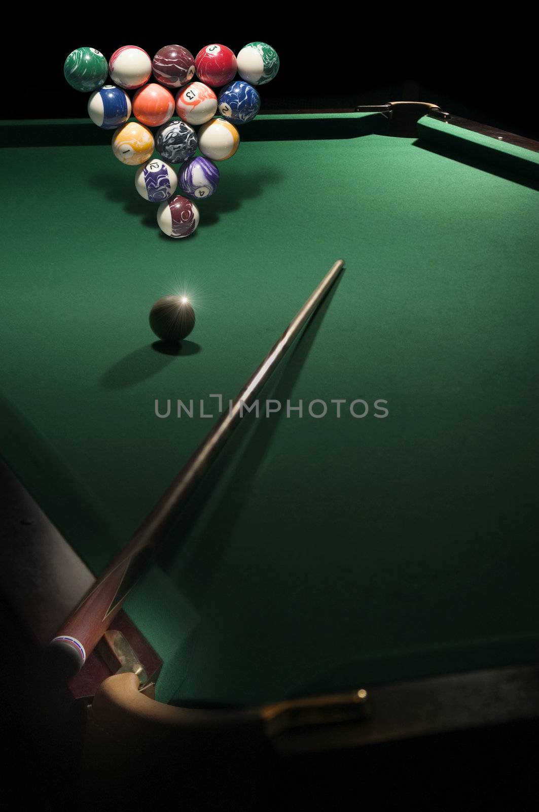 The game of billiards on a table with green cloth