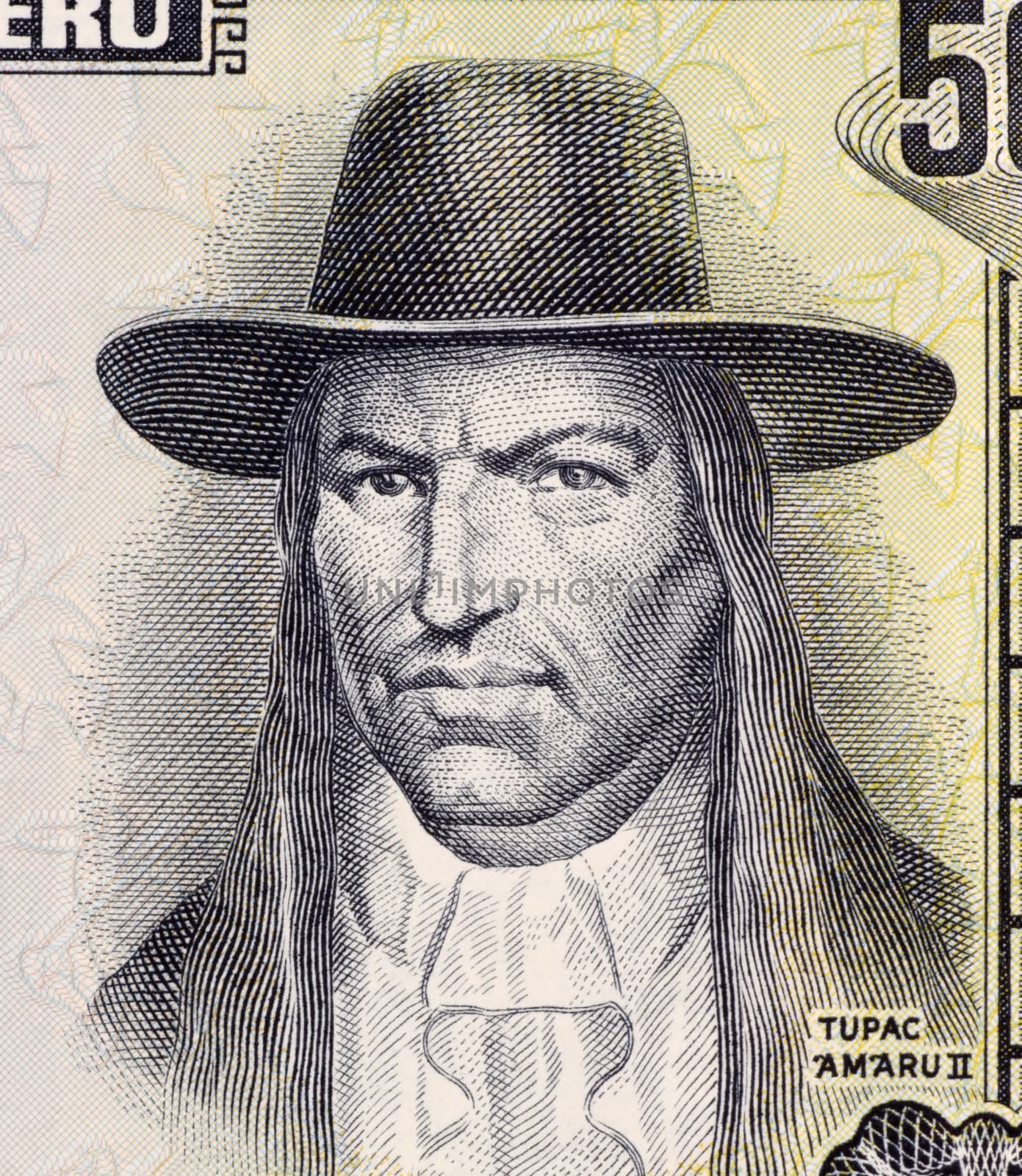 Tupac Amaru II on 50 Soles de Oro 1977 Banknote from Peru. Leader of the indigenous uprising in 1780 against the Spanish occupation.