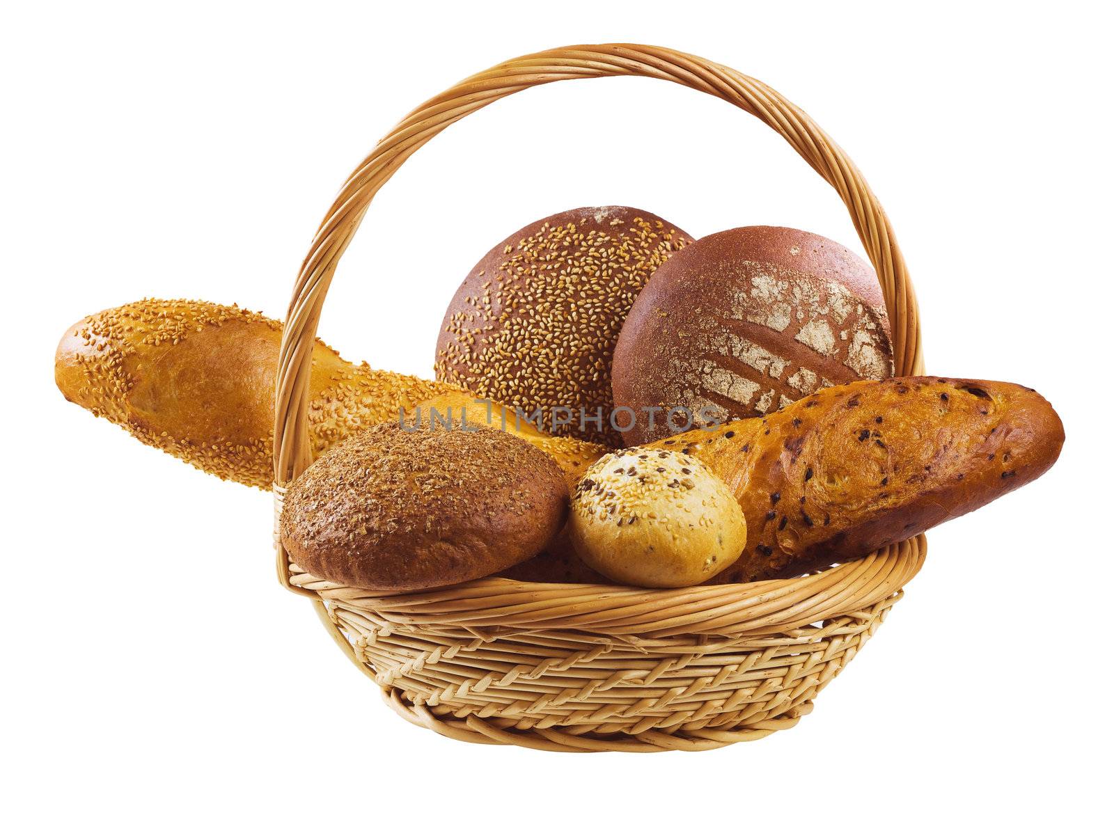 Basket of bread isolated on white background