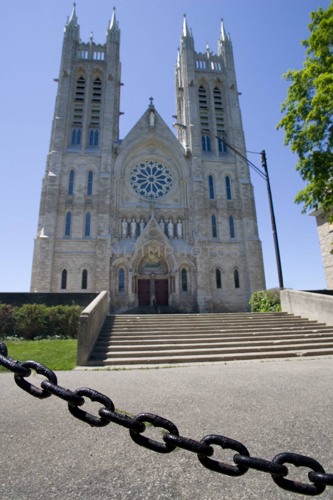 Looking up at the Church of Our Lady. Guelph, Ontario, Canada