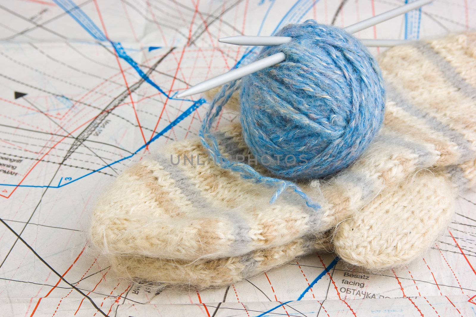 Balls with thread and needles for knitting