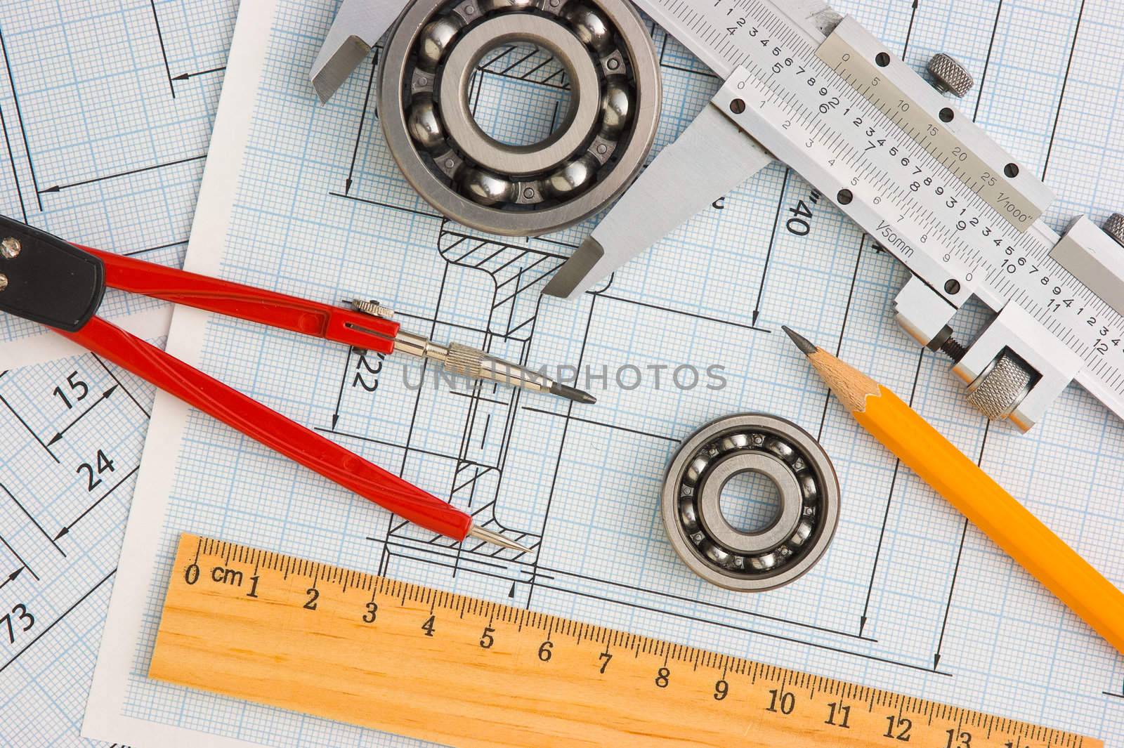 tools and mechanisms detail on the background of technical drawings