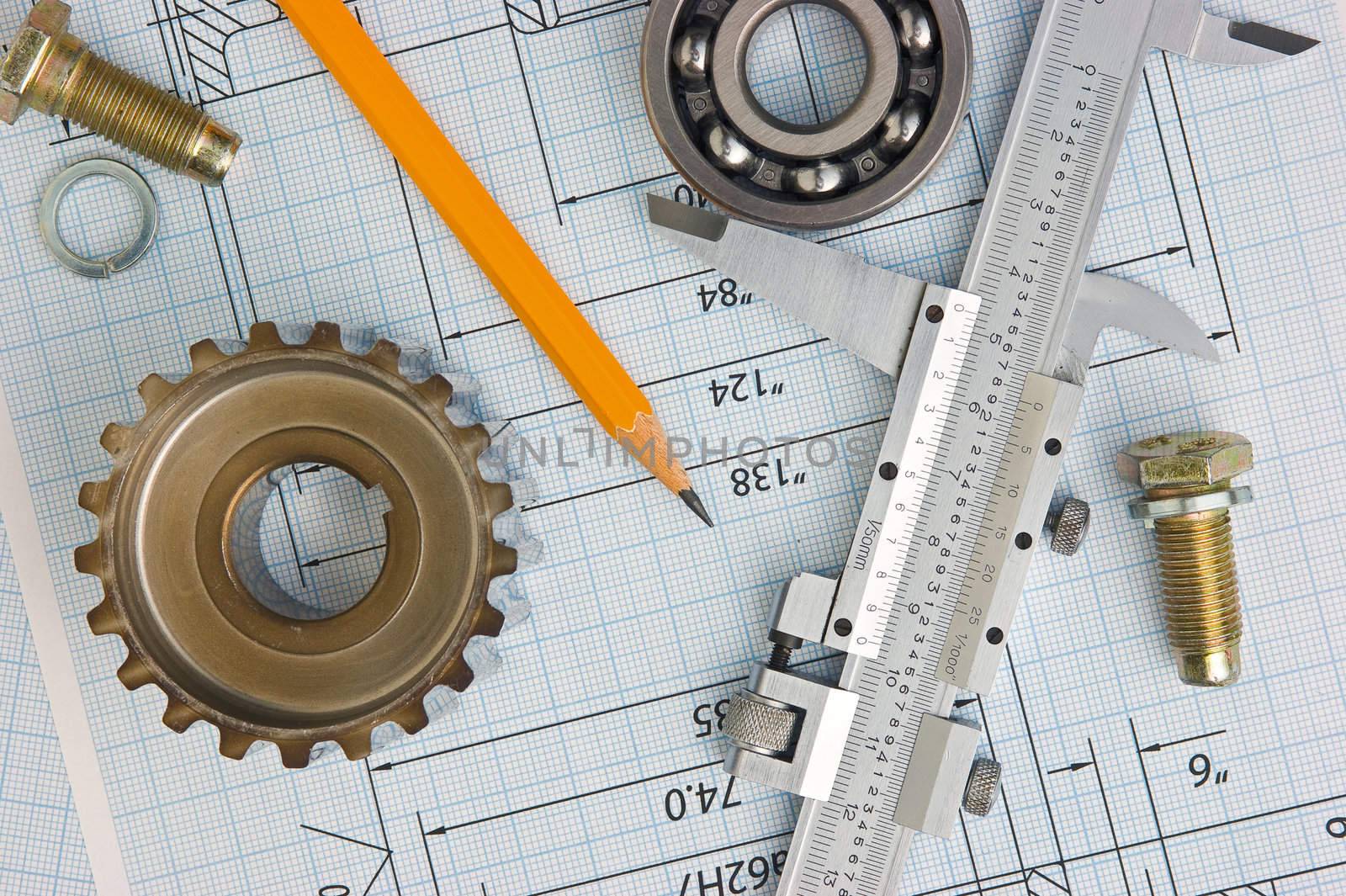 tools and mechanisms detail on the background of technical drawings