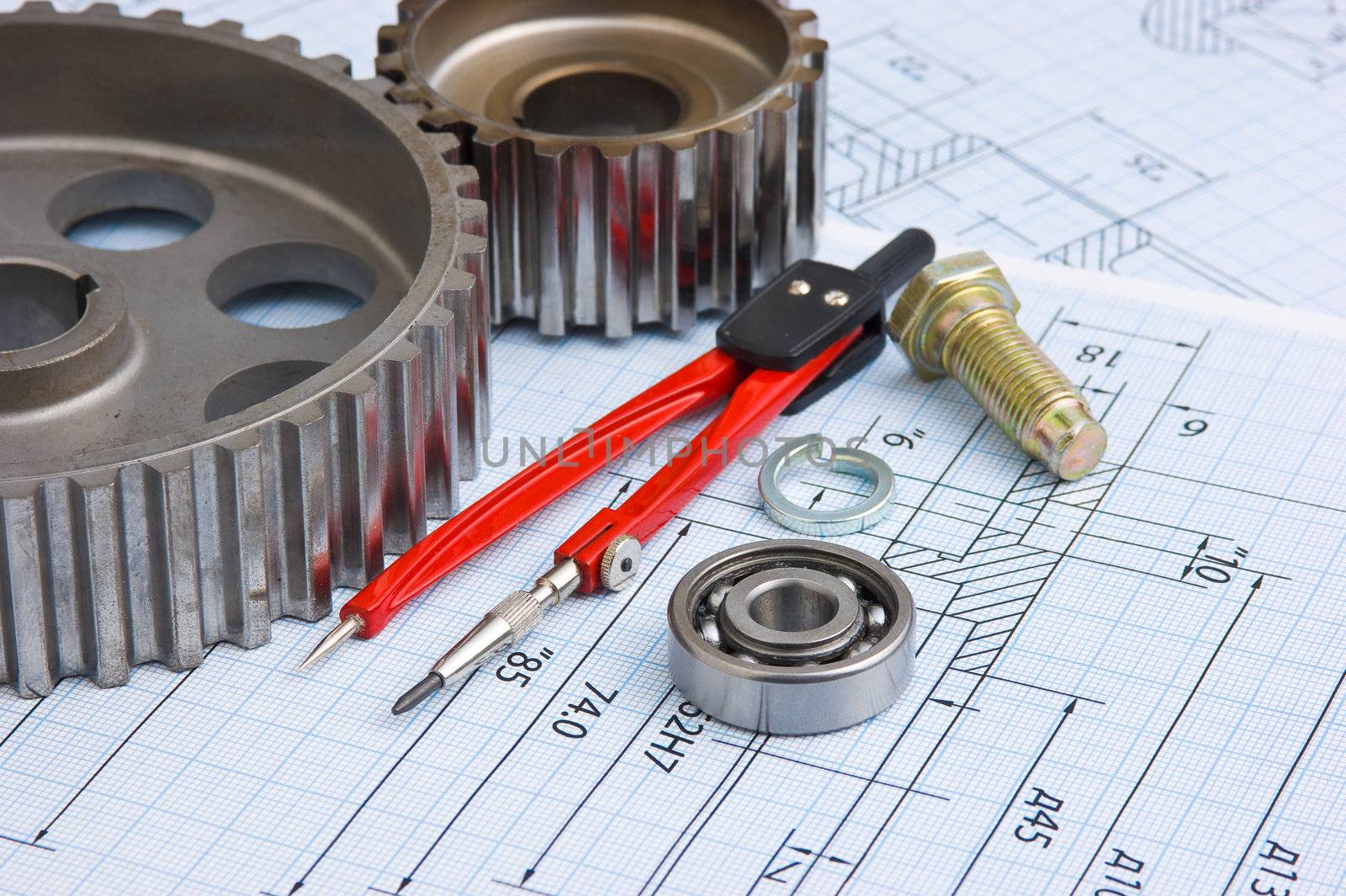 tools and mechanisms detail on the background of technical drawings