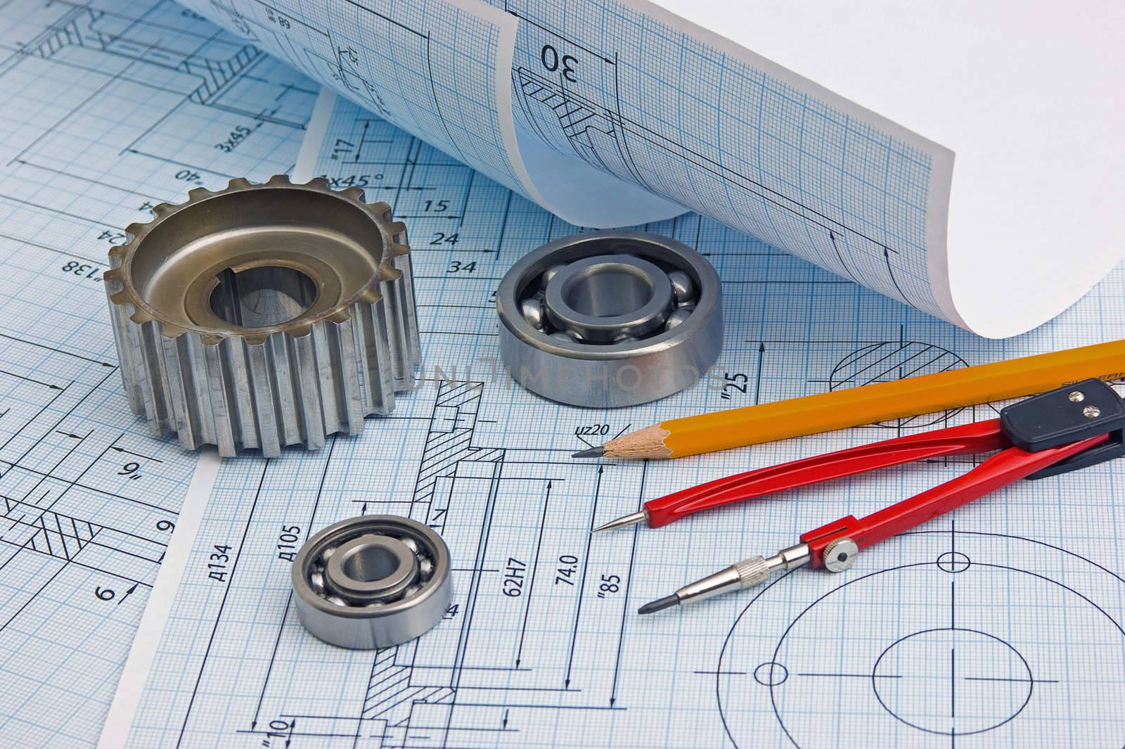 tools and mechanisms detail on the background of technical drawings