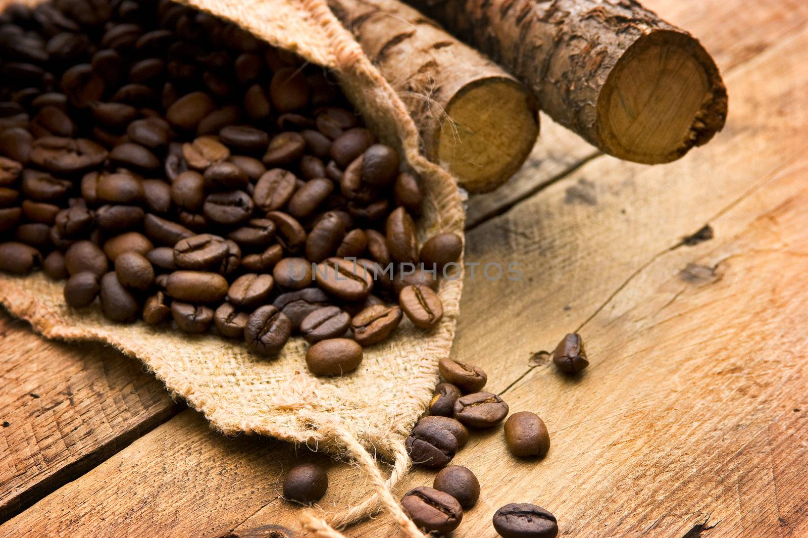 Coffee beans spilled out of the bag