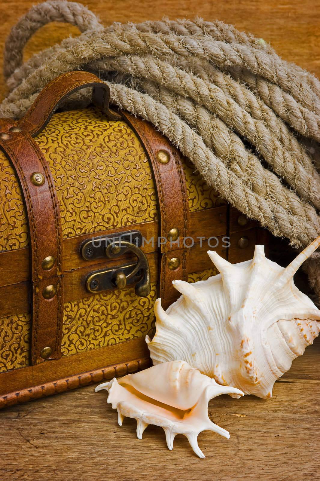 Pirate treasure chest against the old wooden boards