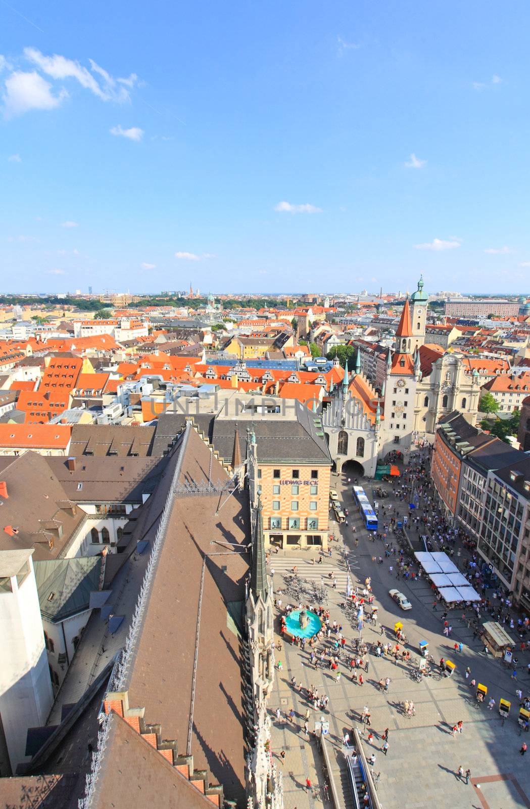 The aerial view of Munich city center from the tower of the City Hall