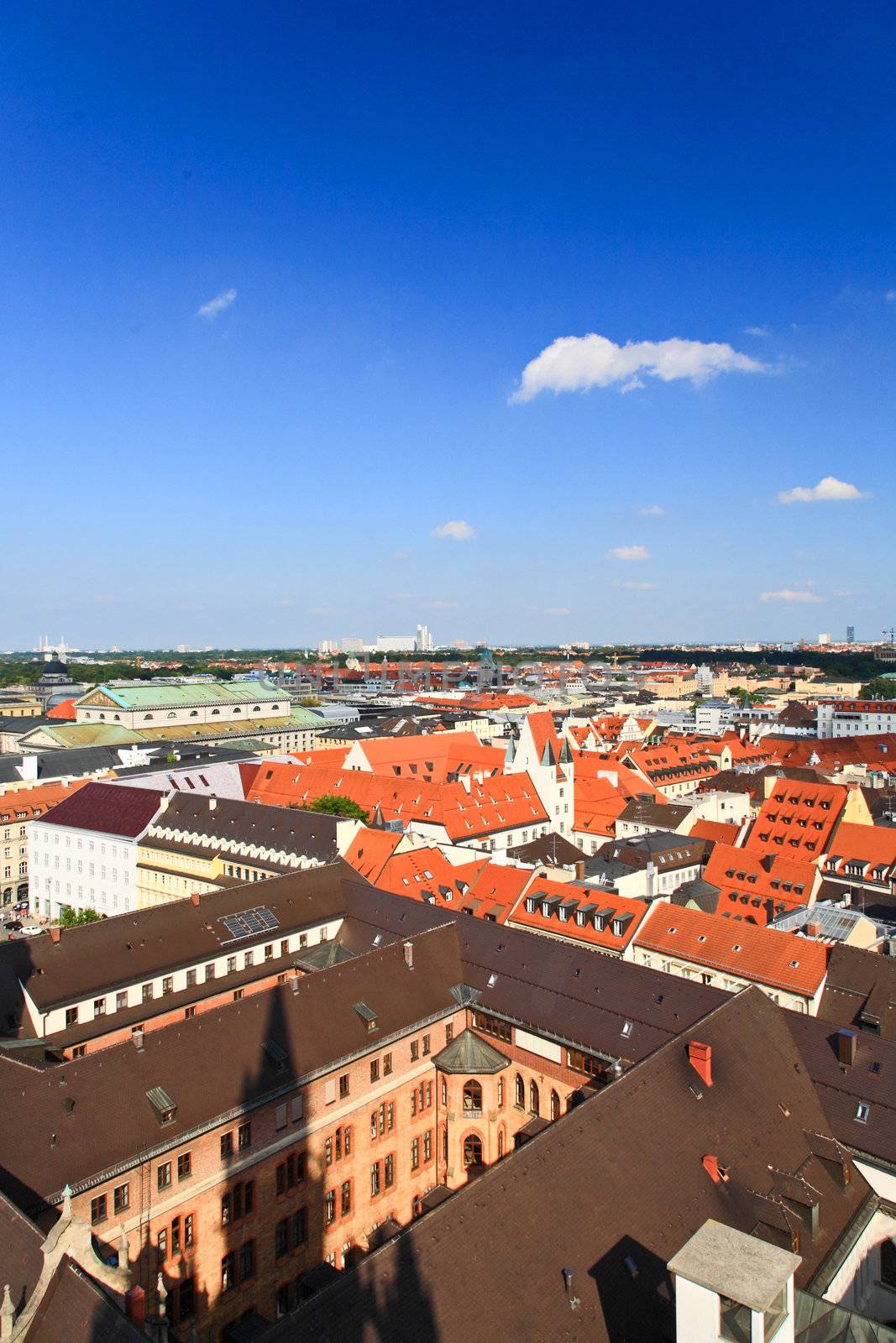 The aerial view of Munich city center from the tower of the City Hall