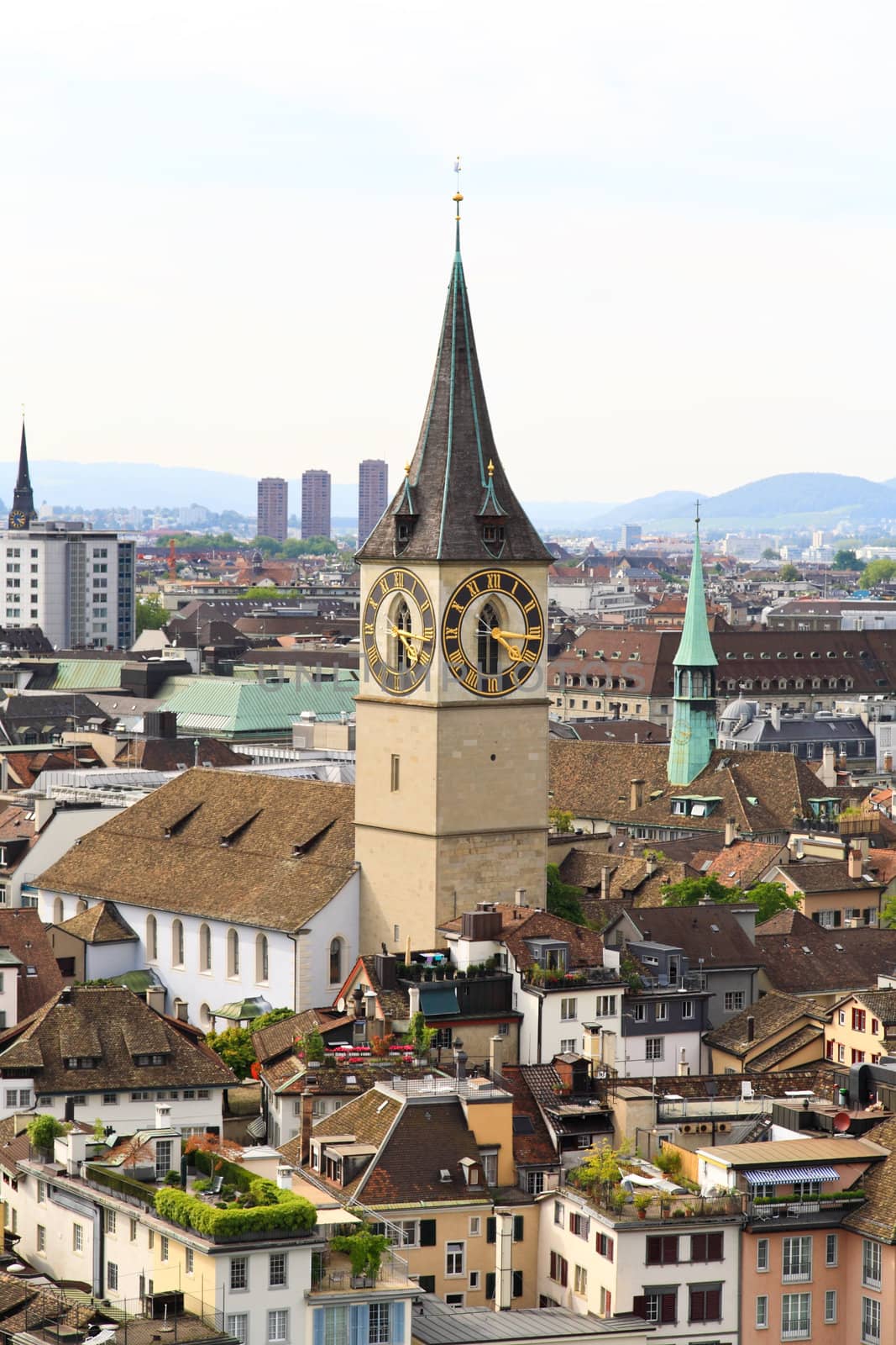 The aerial view of Zurich cityscape from the tower of famous Grossmunster Cathedral 