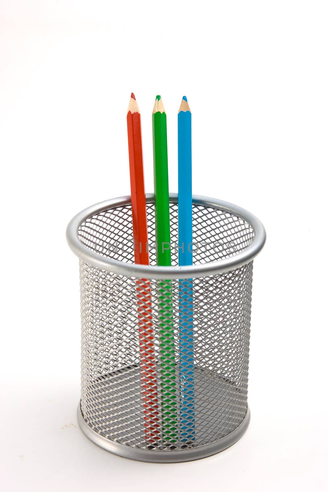 Pencils in basket isolated on a white background