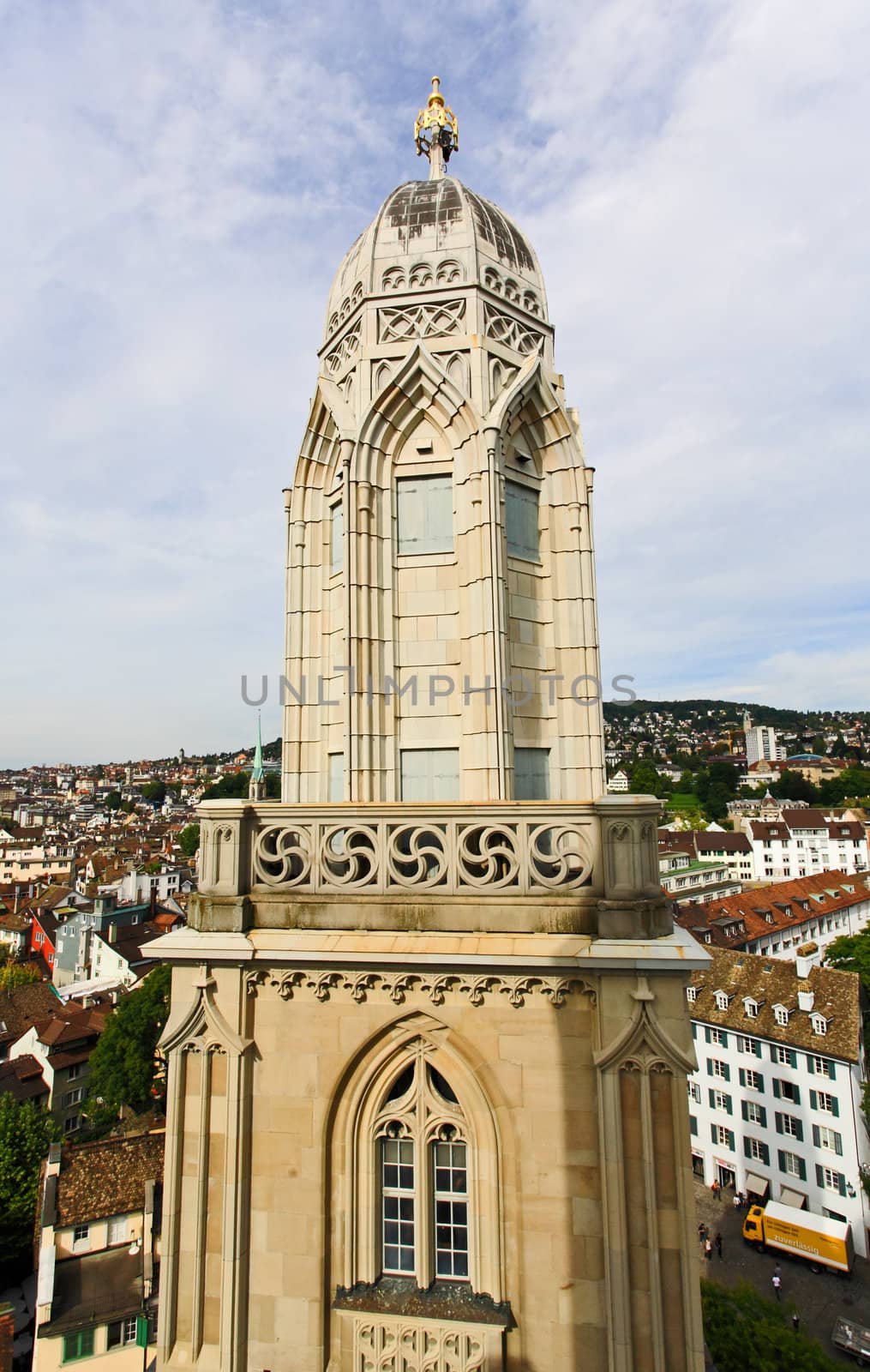 The aerial view of Zurich cityscape from the tower of famous Grossmunster Cathedral 