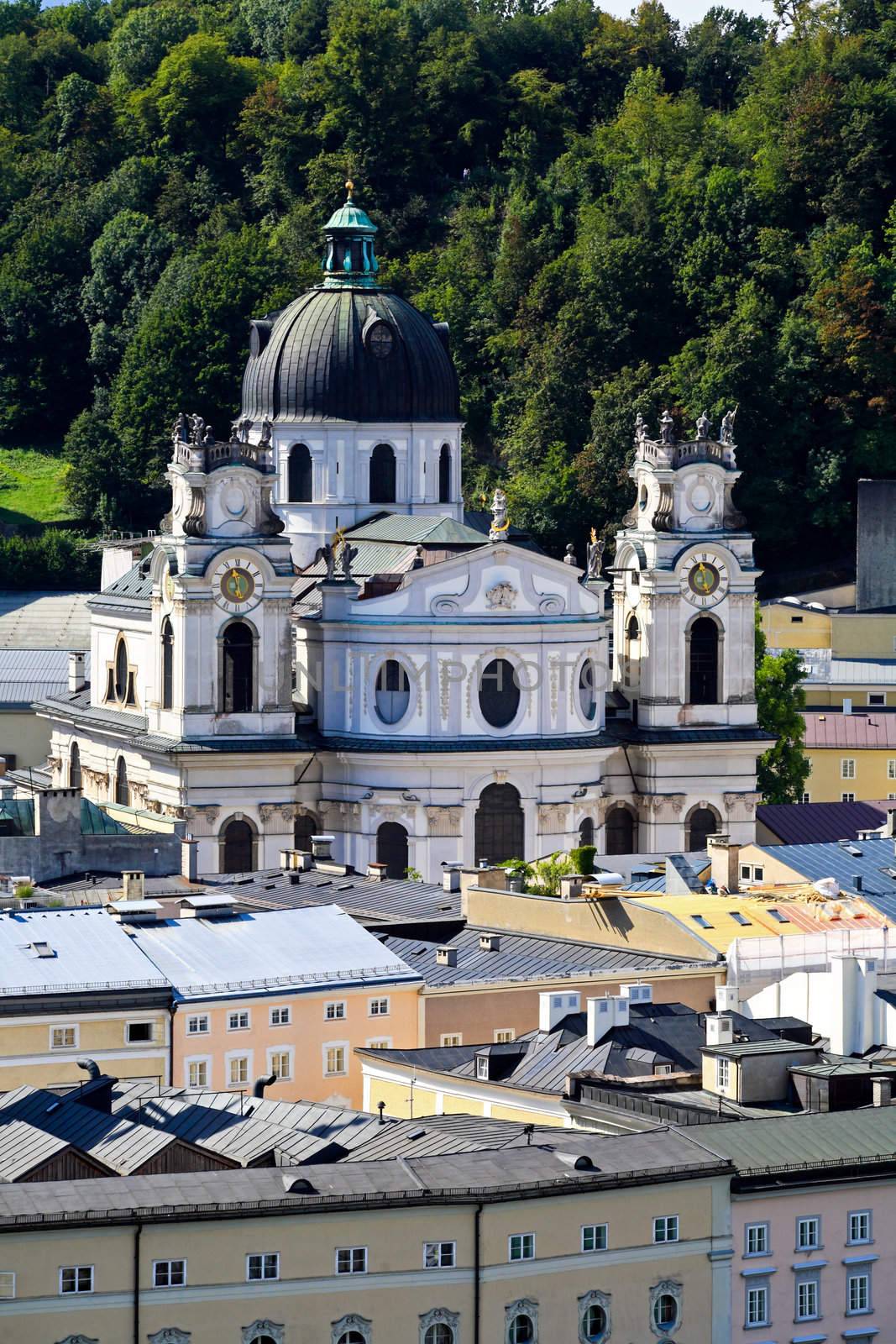 The aerial view of Salzburg City, Austria from Kapuziner Kloster