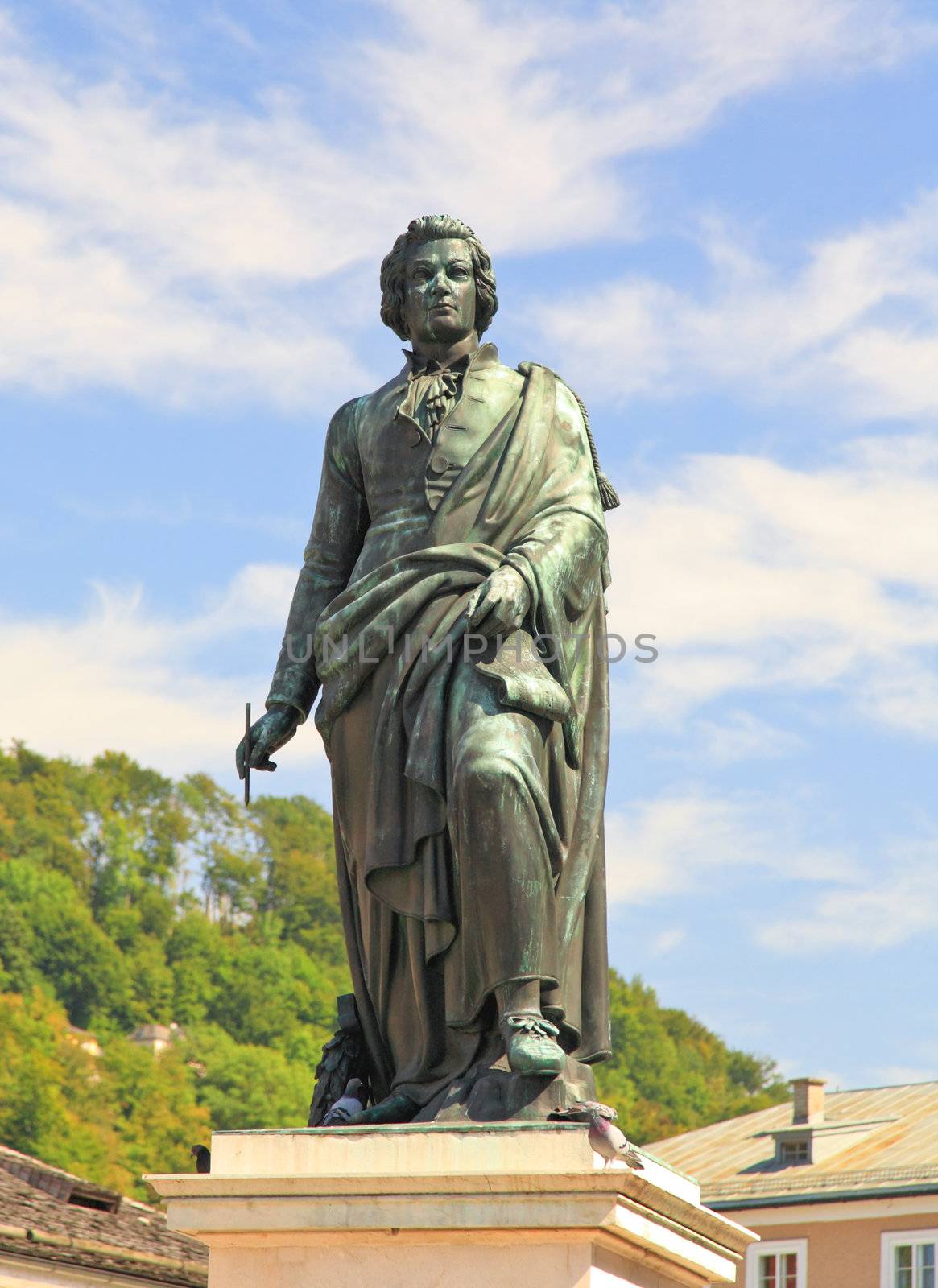 The statue of Mozart in the Mozart Square in Salzburg, Austria 