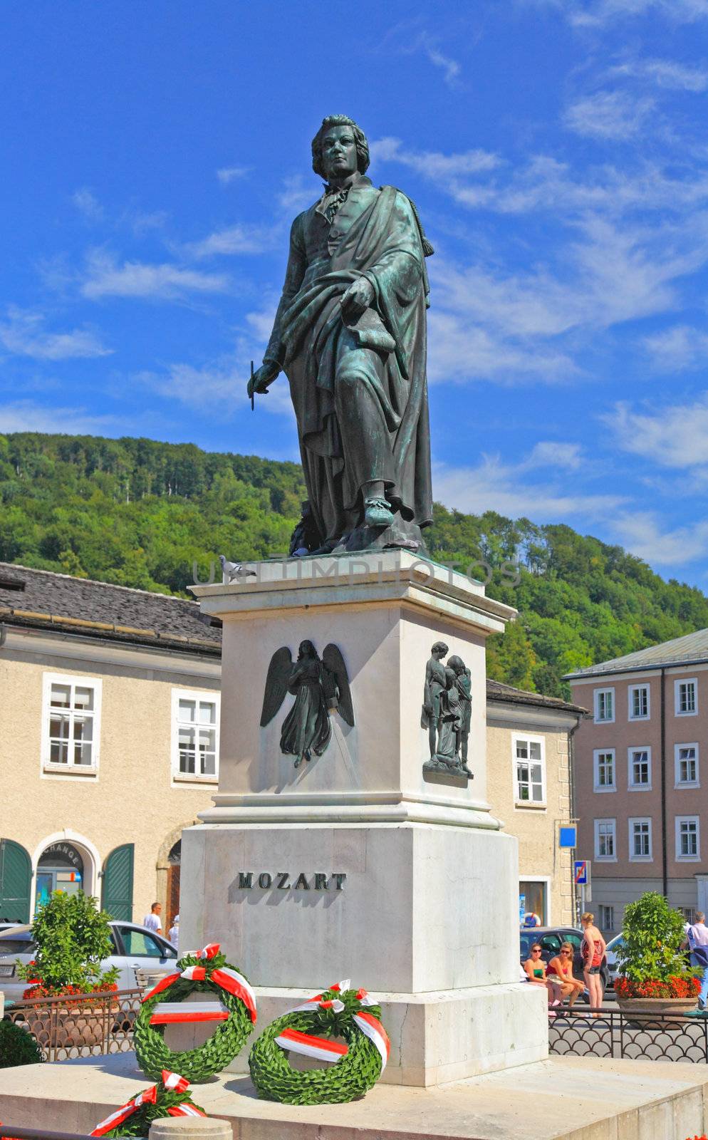 The statue of Mozart in the Mozart Square in Salzburg, Austria 