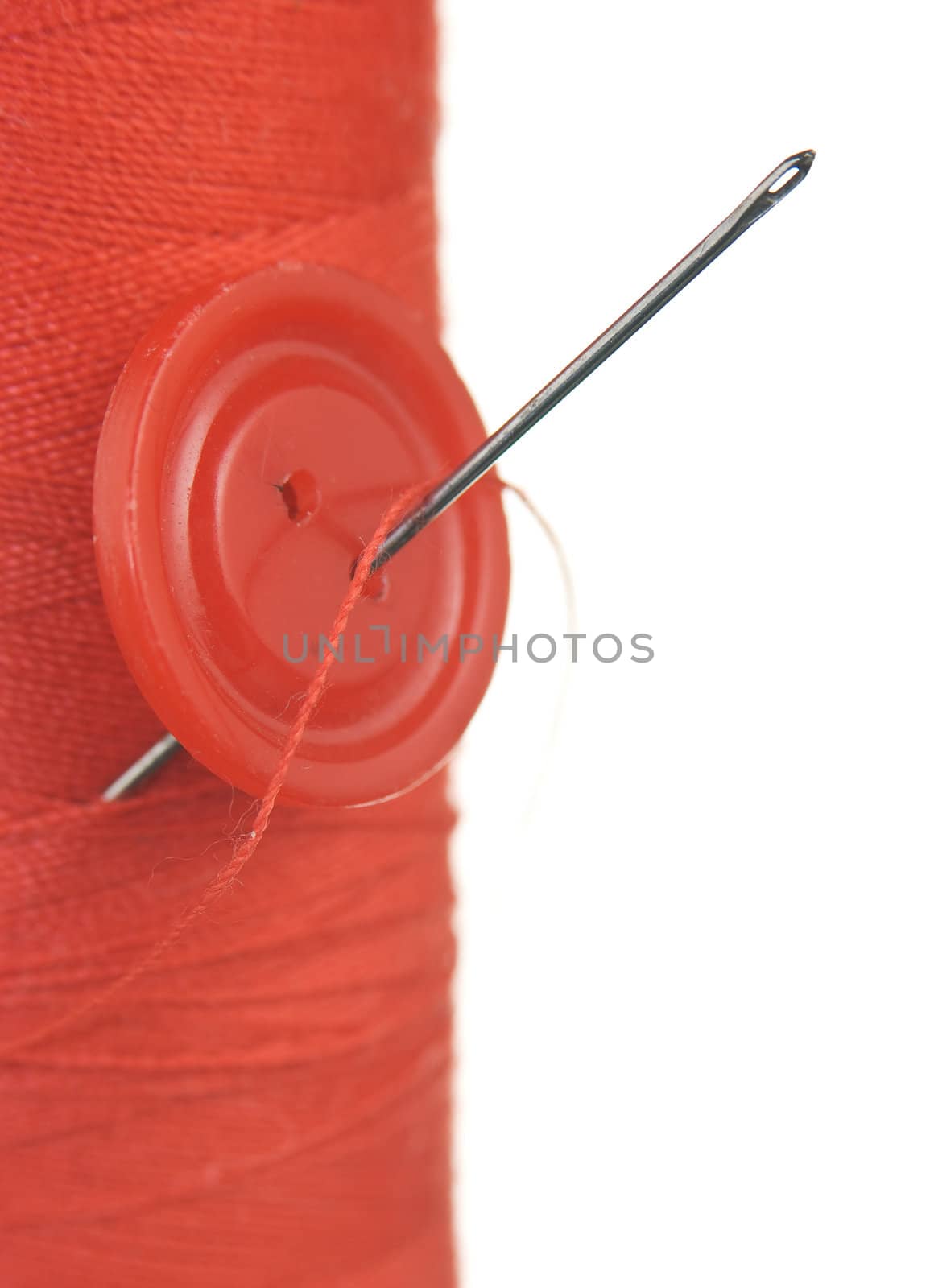 Button pinned the needle to the reel of thread