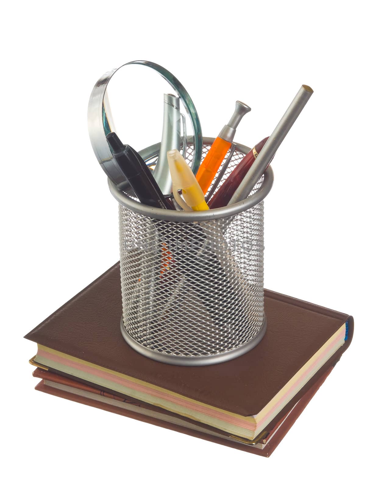 basket with pens and pencils isolated on a white background