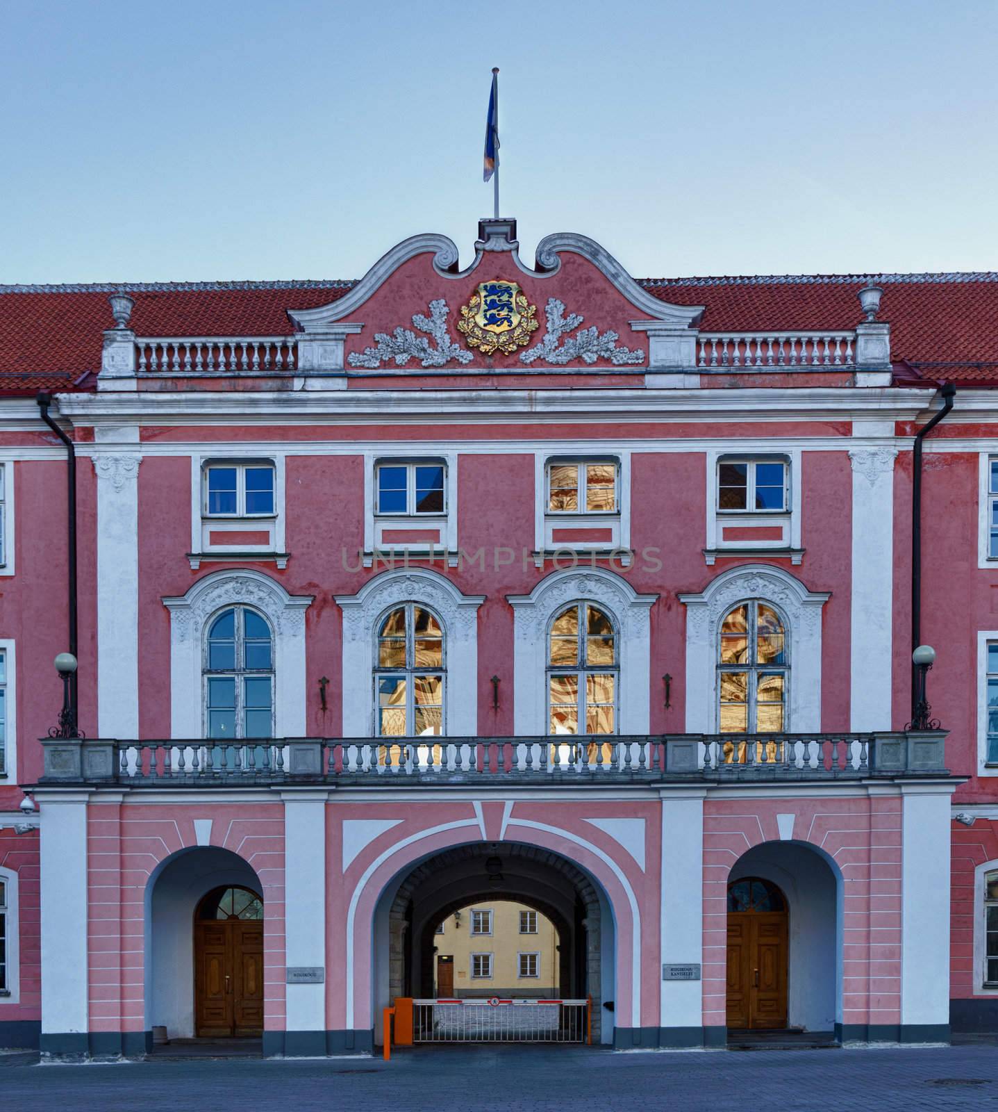 Center of government in the Parliament building with the reflection of the Alexander Nevsky cathedral in the windows