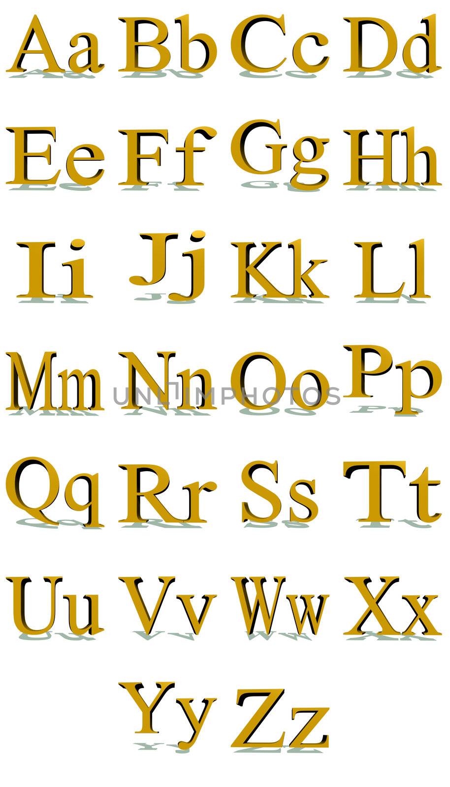3D Times New Roman gold alphabet with shadows in a white background