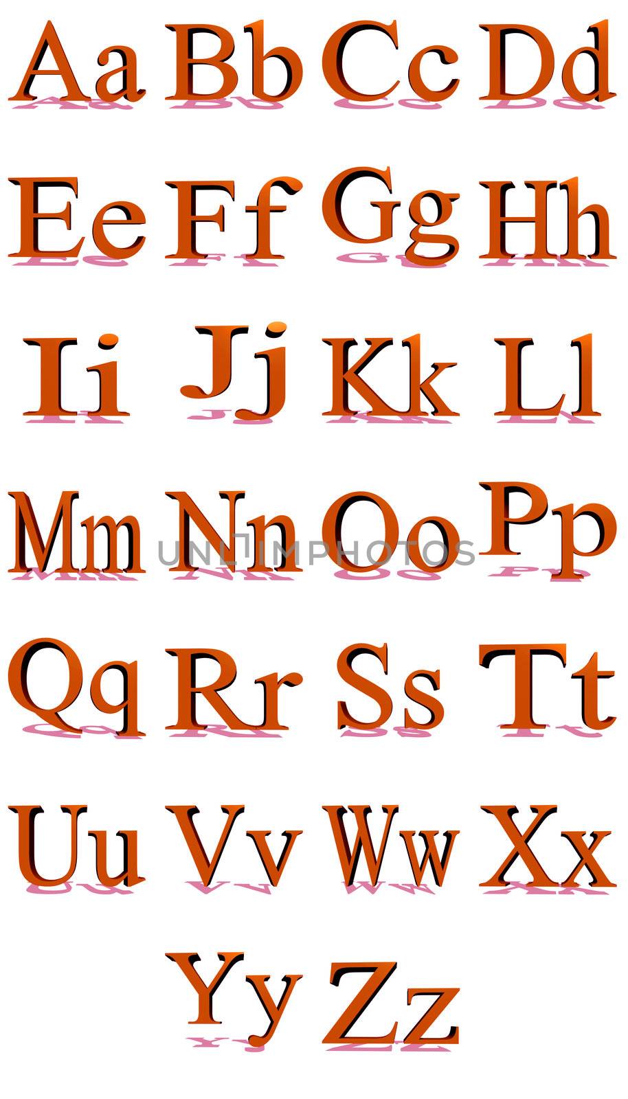 3D Times New Roman red alphabet with shadows in a white background