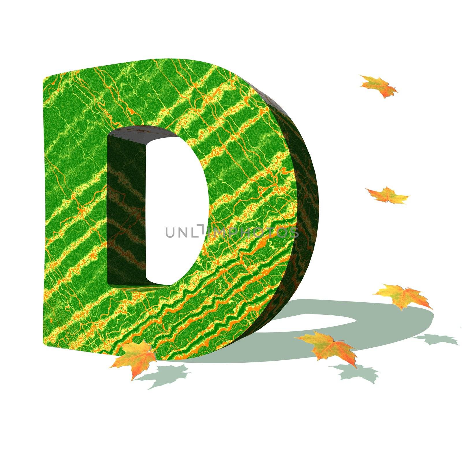 Green ecological D capital letter surrounded by few autumn falling leaves in a white background with shadows