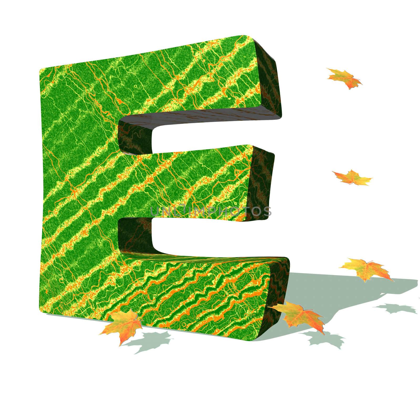 Green ecological E capital letter surrounded by few autumn falling leaves in a white background with shadows